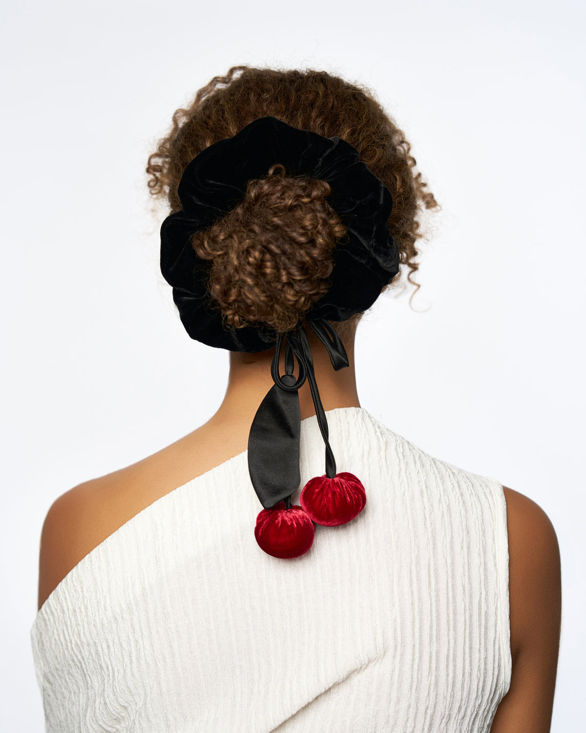 Cherry Silk Velvet Hair Tie Scrunchie - Black