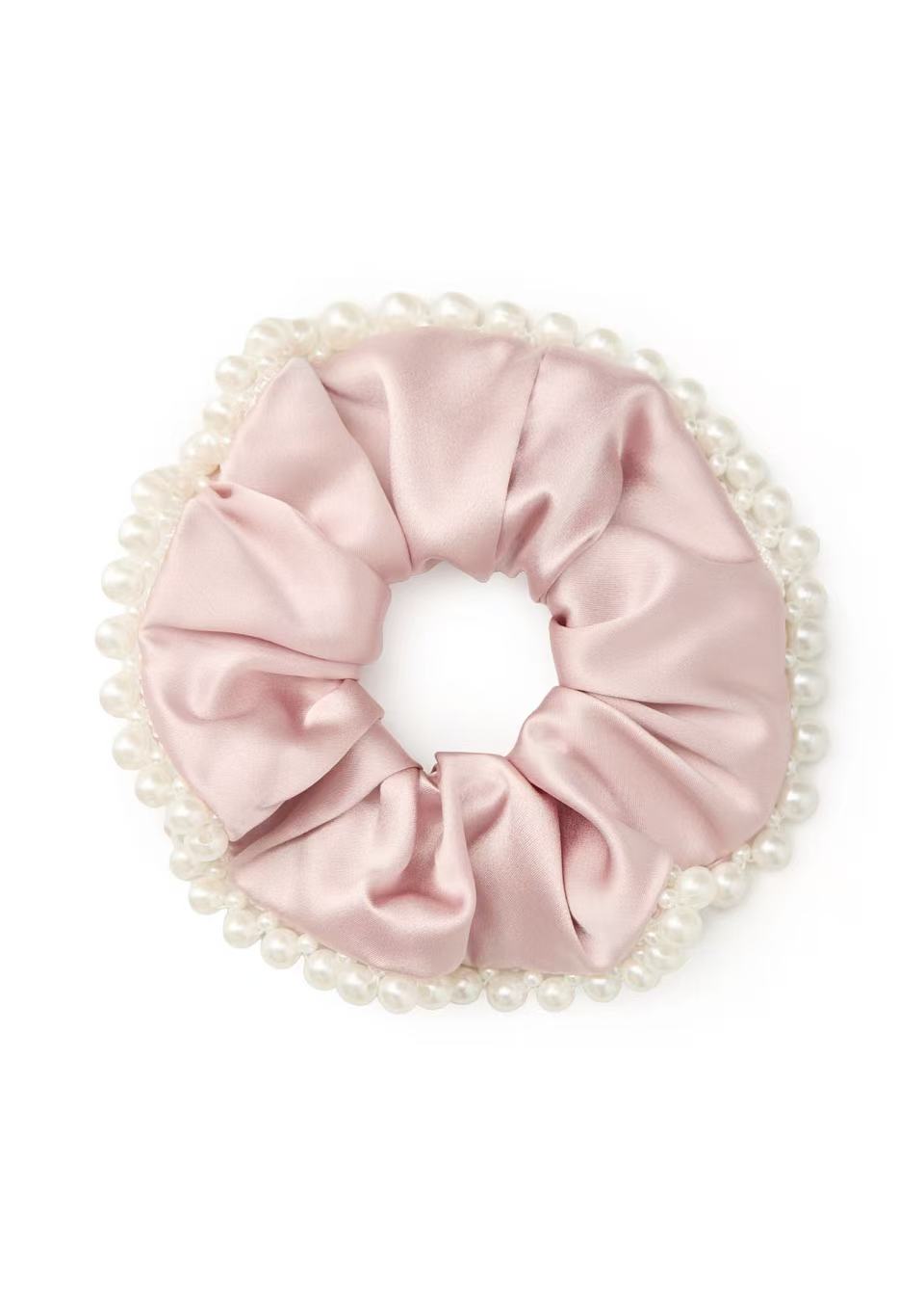 Pearl Embellished Silk Scrunchie - Pink