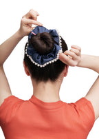 Pearl Embellished Silk Scrunchie - Navy - Blue - OLAH Ponytail Holders