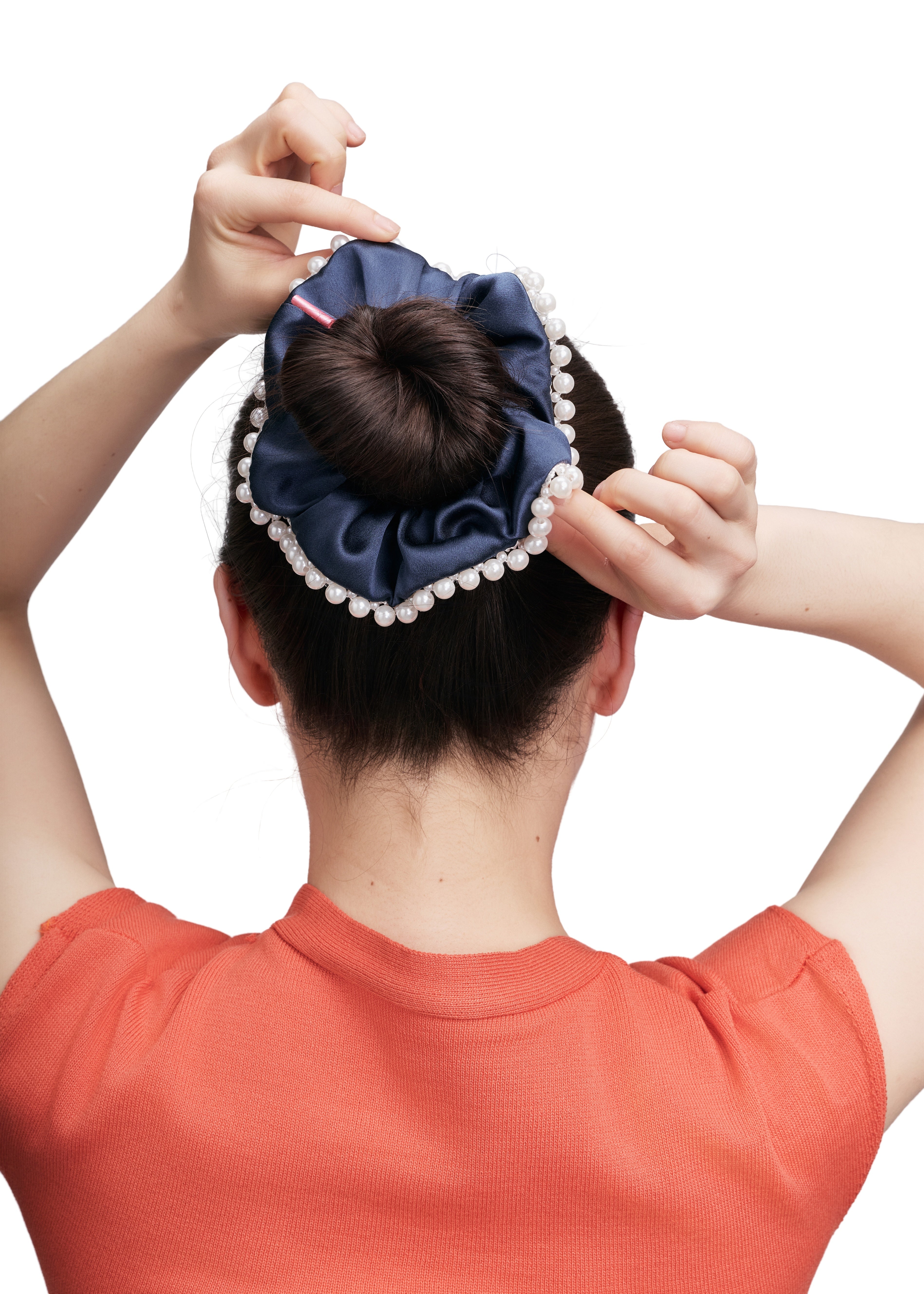 Pearl Embellished Silk Scrunchie - Navy