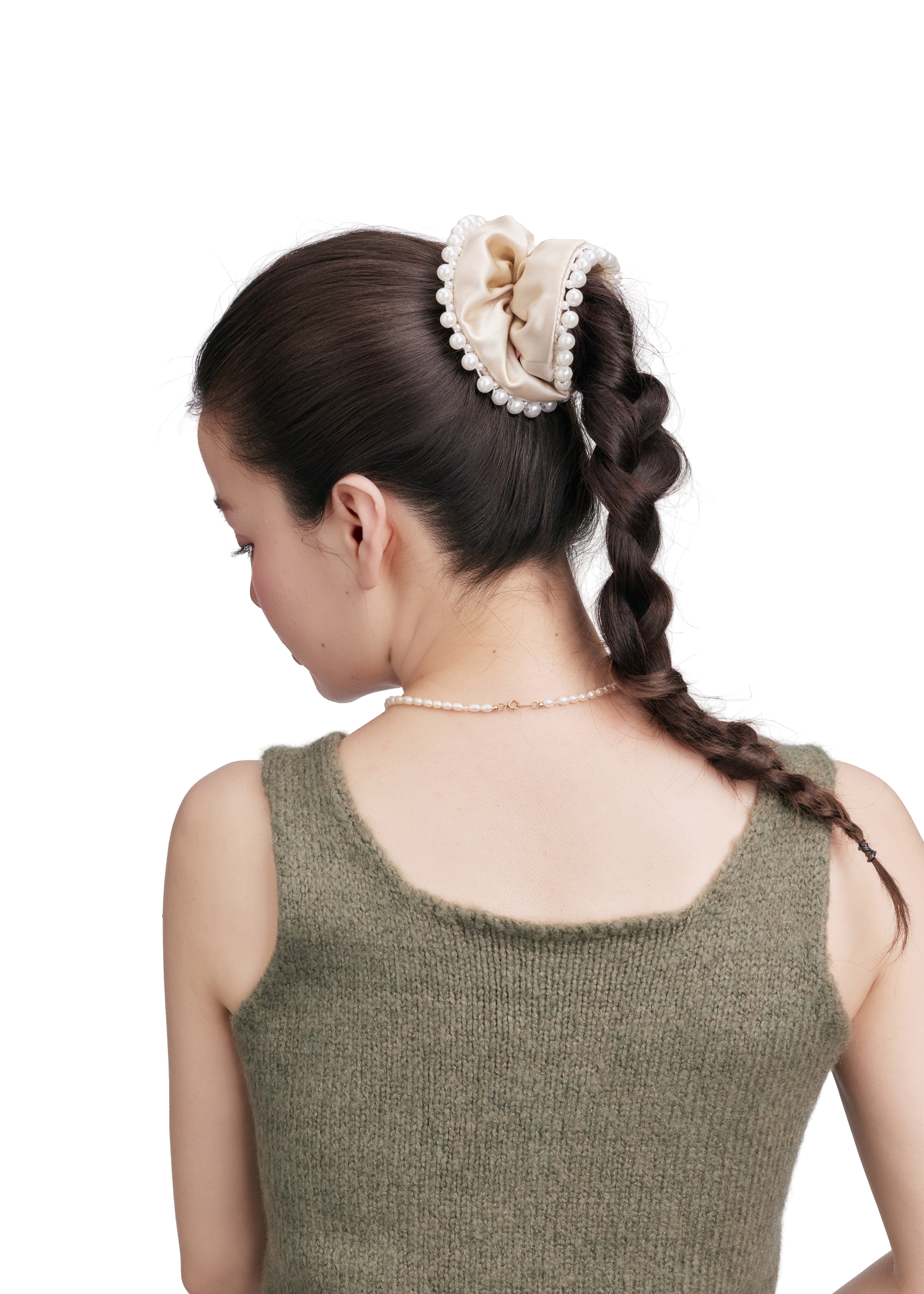 Pearl Embellished Silk Scrunchie - Champagne