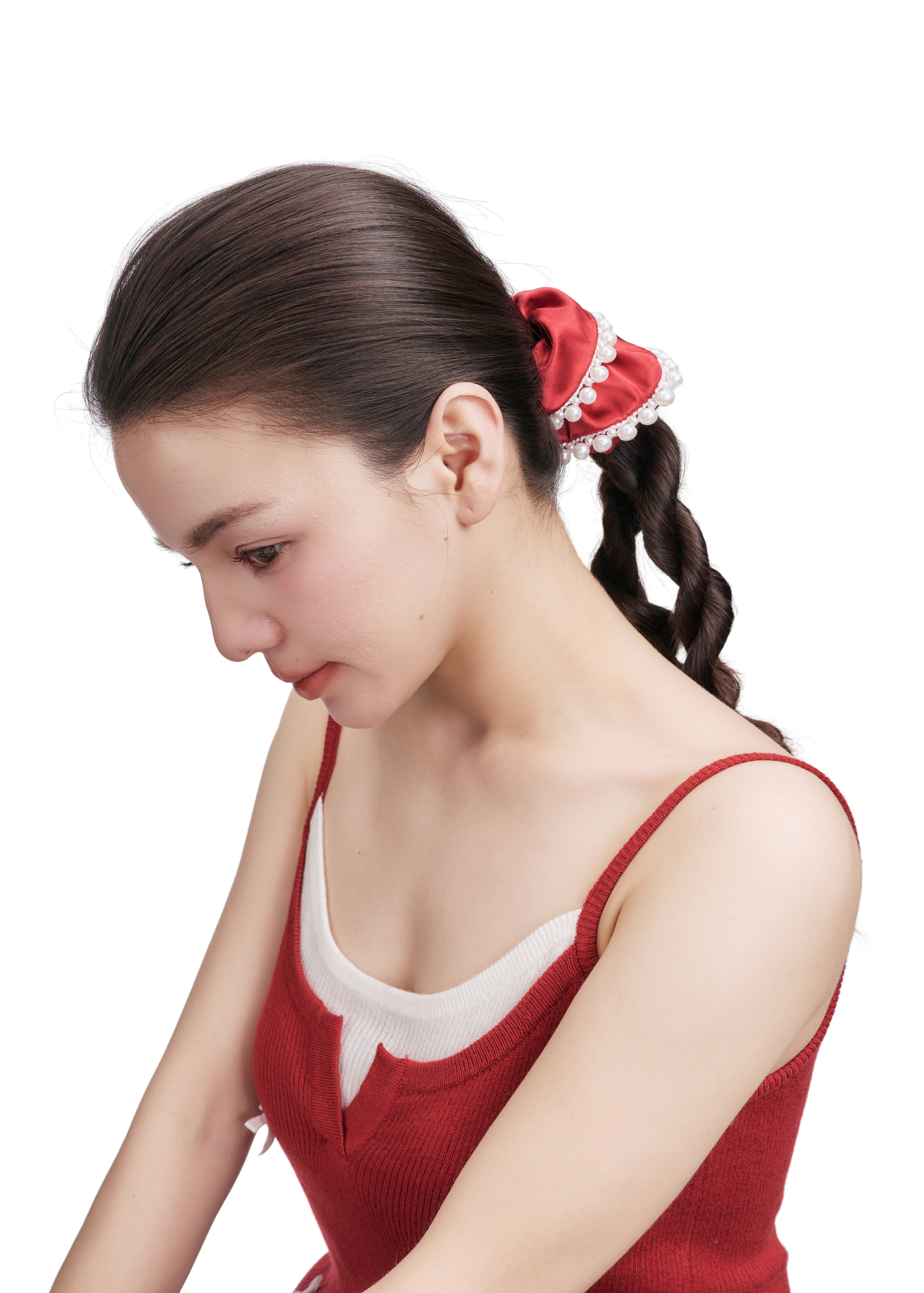 Pearl Embellished Silk Scrunchie - Red