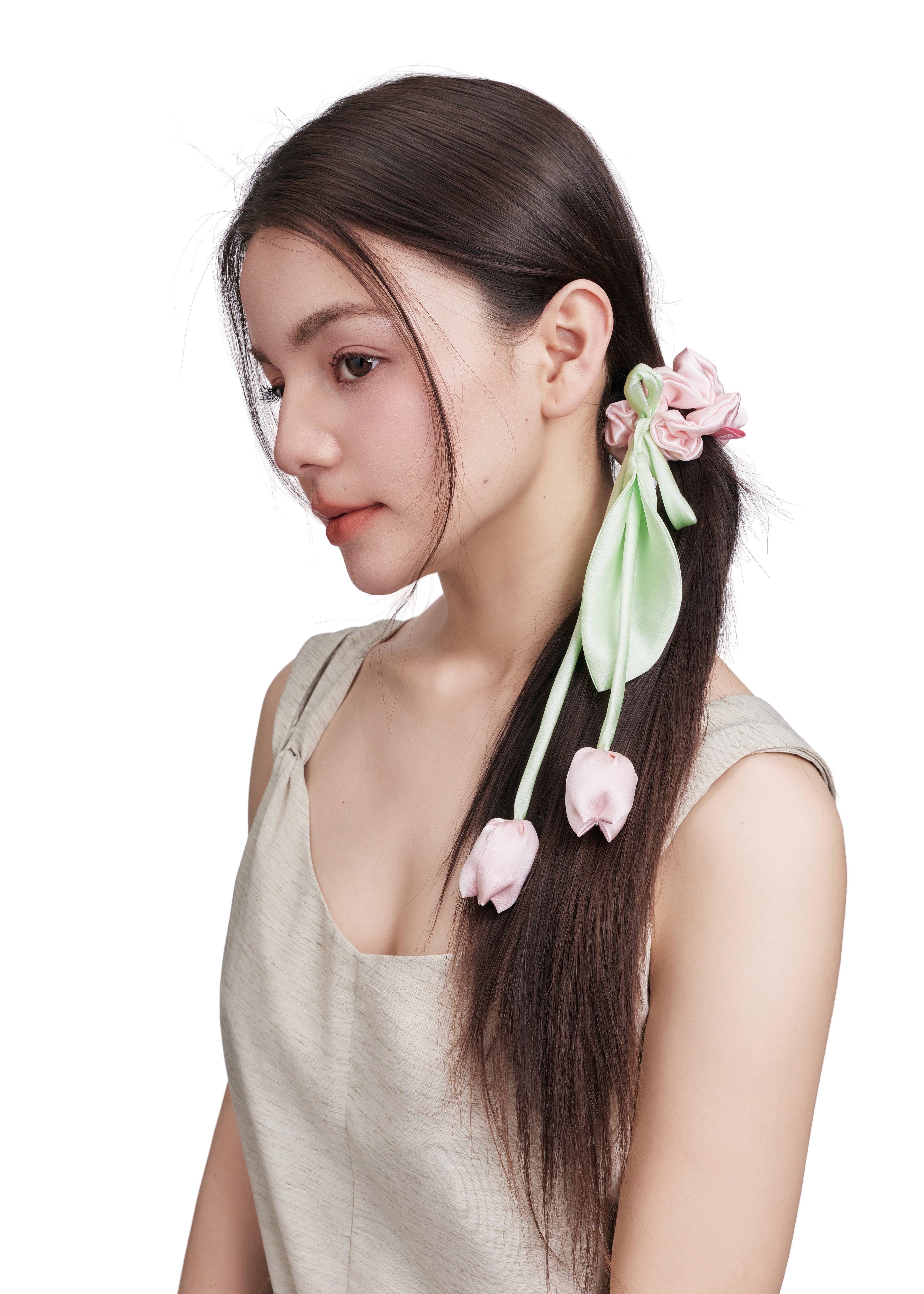 Tulip Silk Hair Tie Scrunchie - Pink and Green