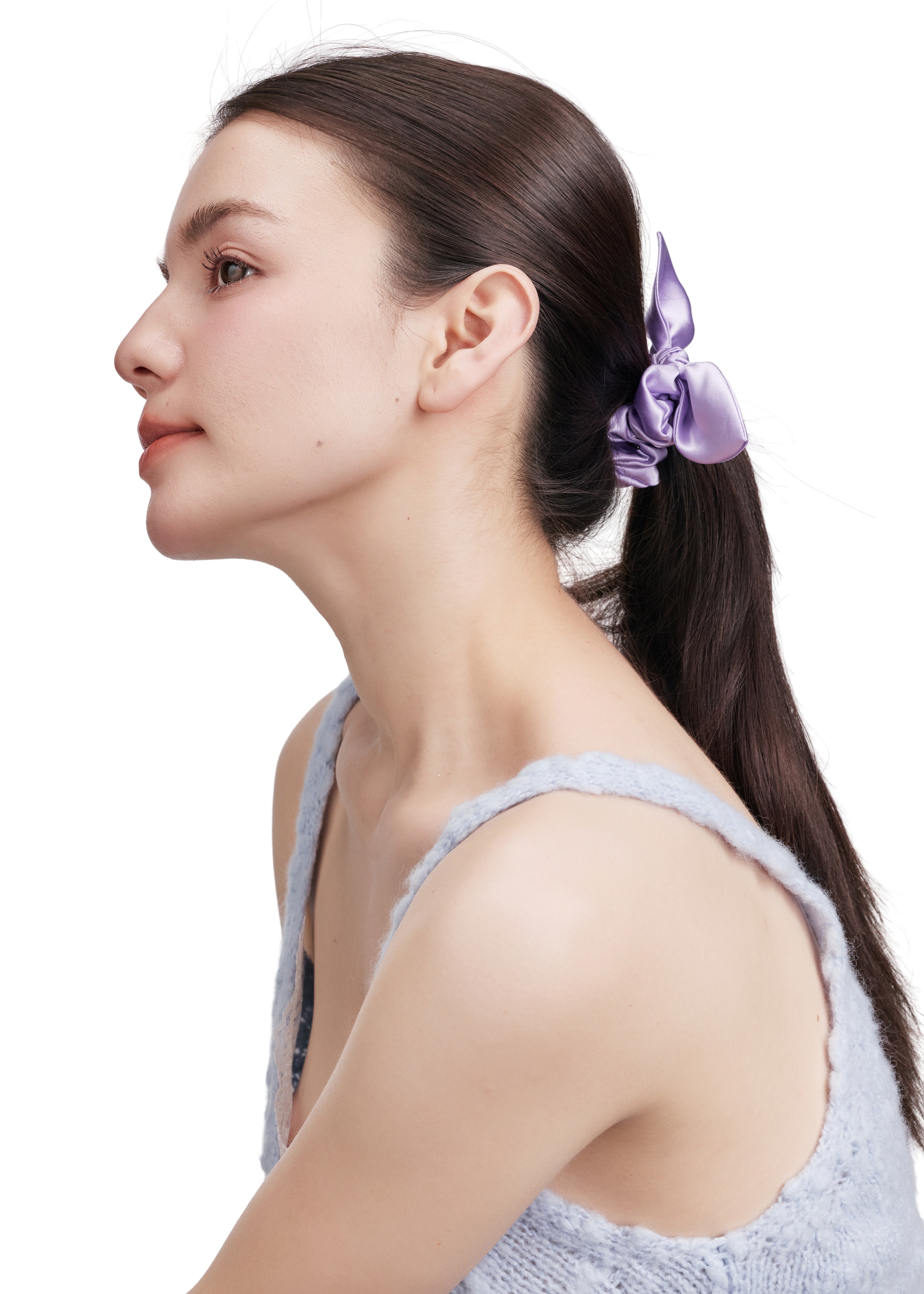 Bunny Ear Silk Hair Tie Scrunchie - Purple