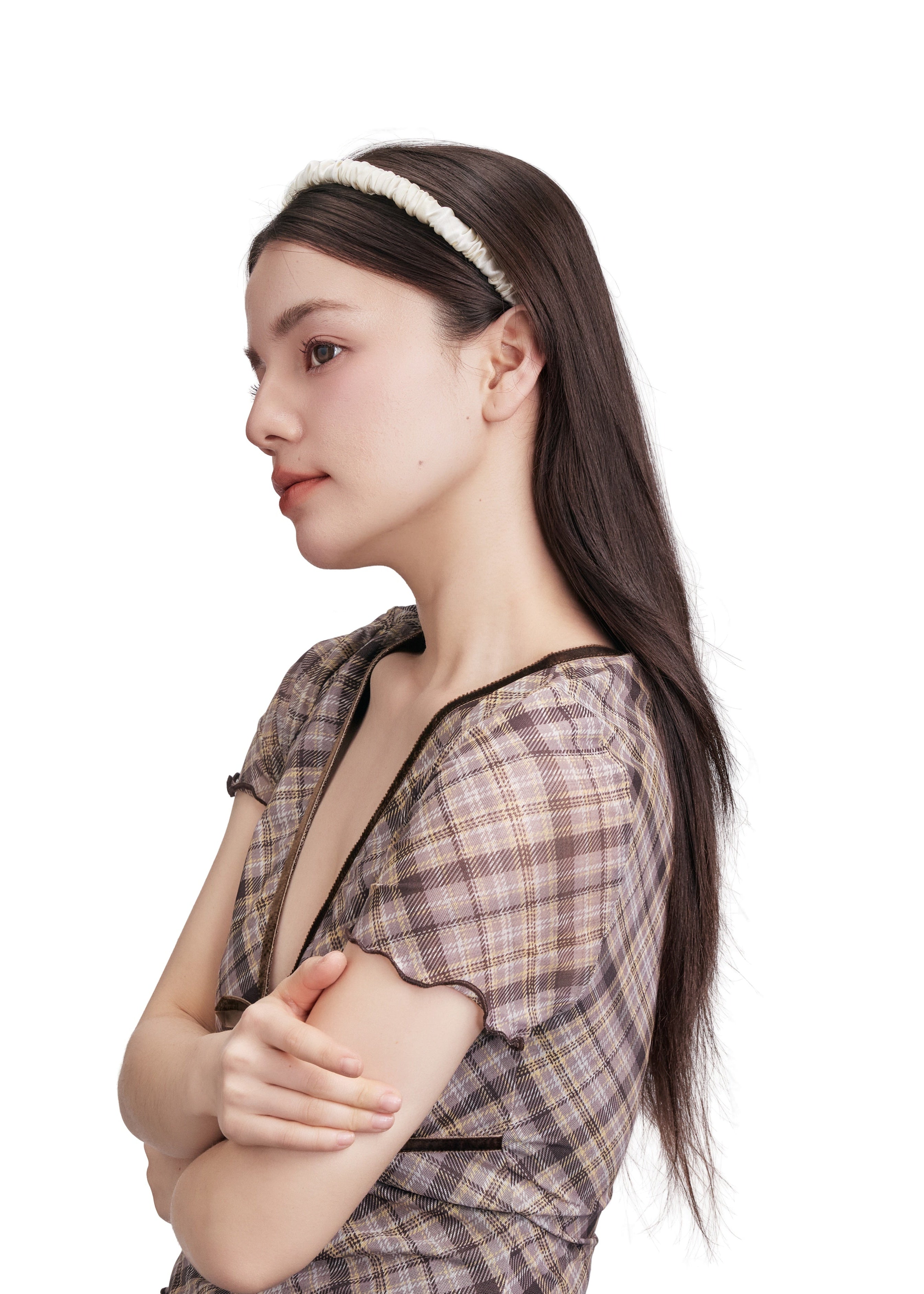 Scrunched Silk Skinny Headband - Beige