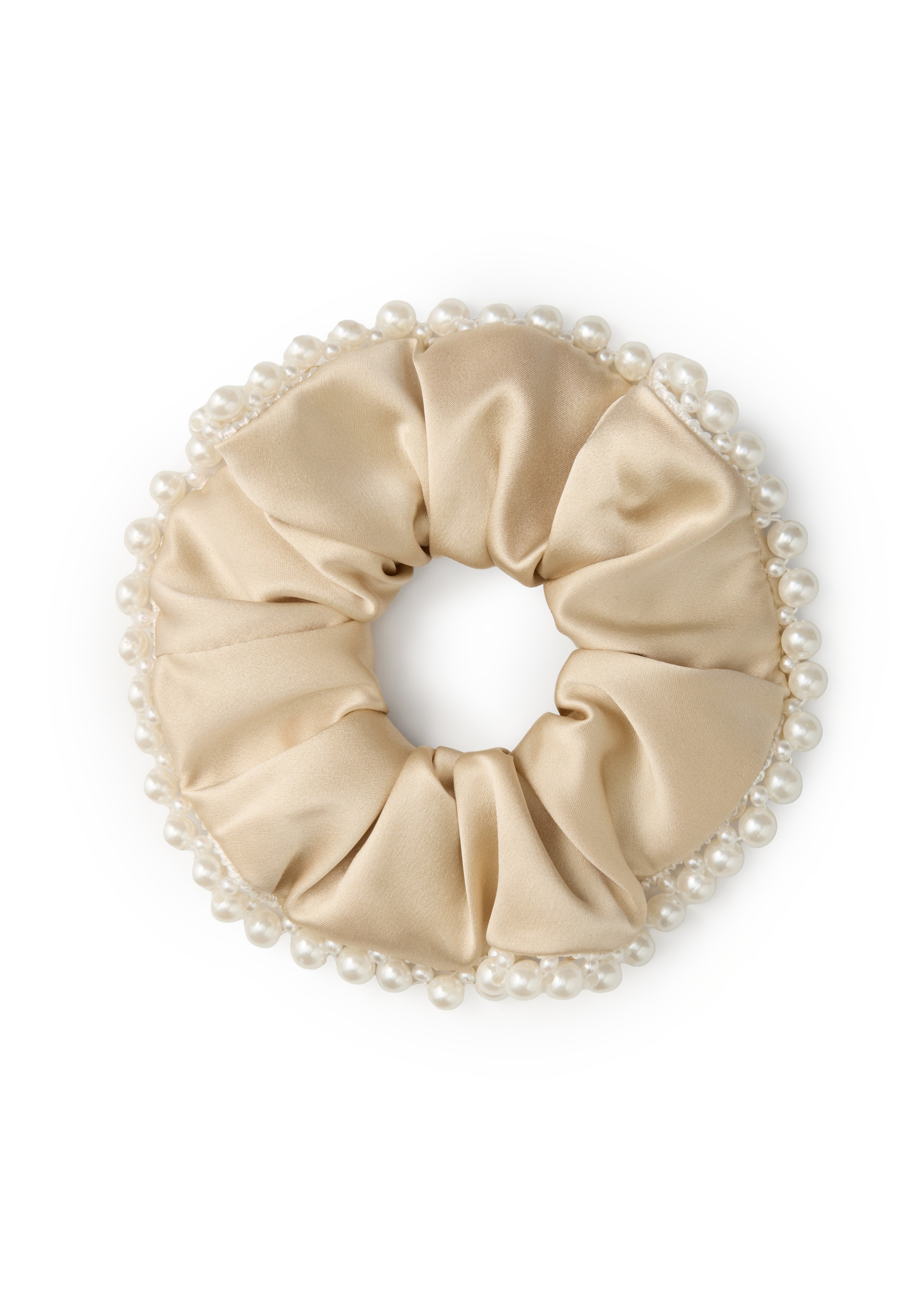 Pearl Embellished Silk Scrunchie - Champagne