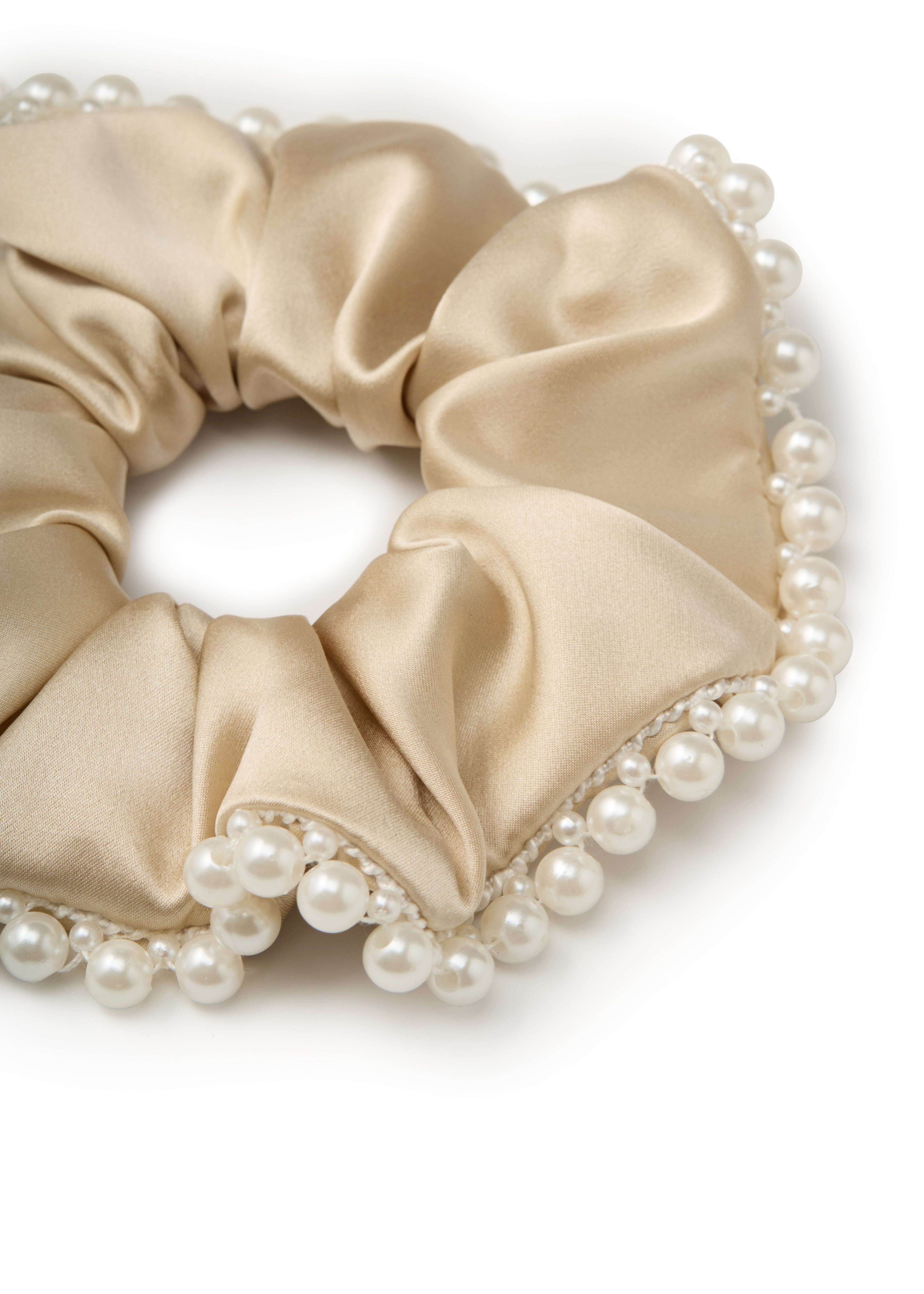Pearl Embellished Silk Scrunchie - Champagne