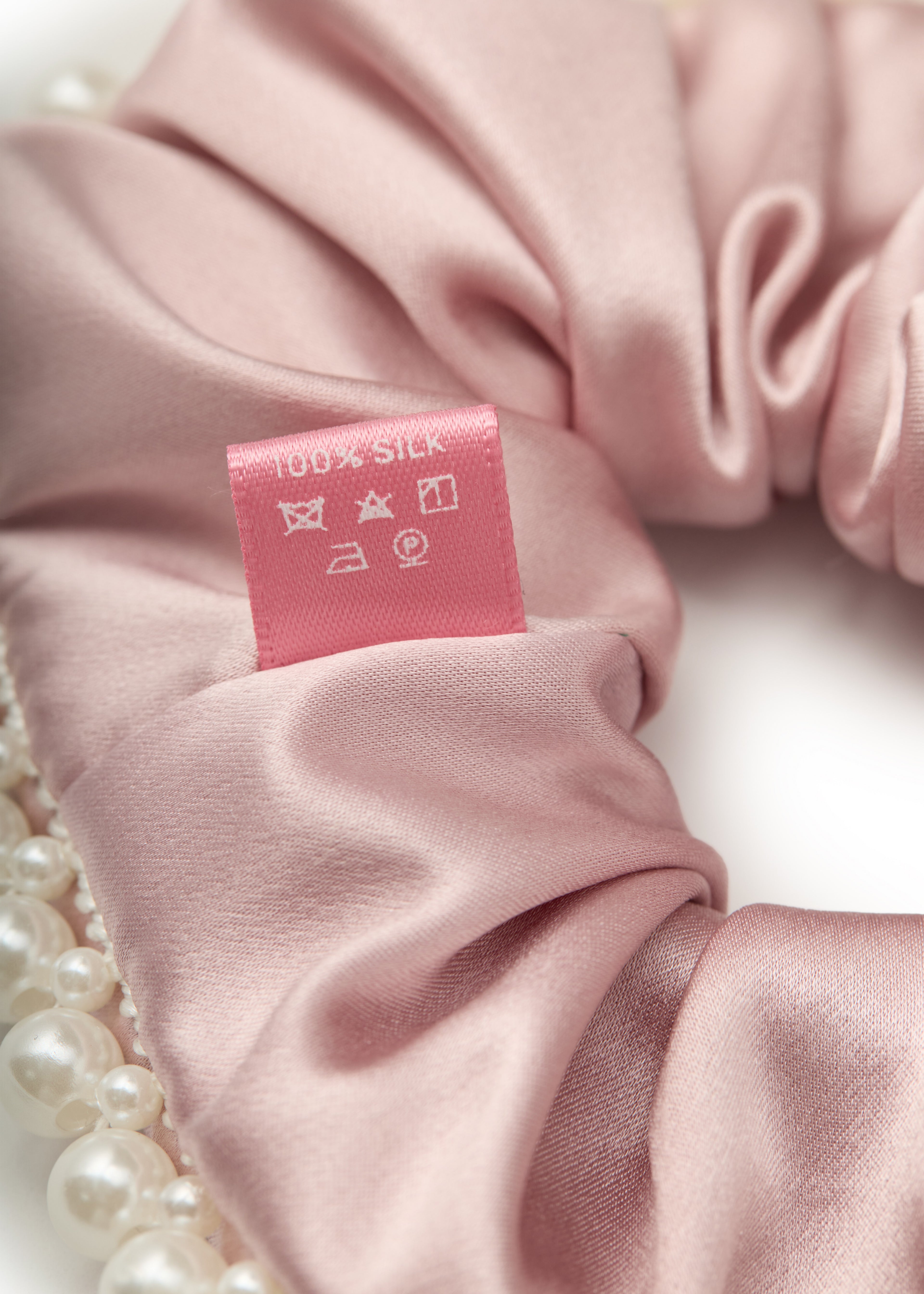 Pearl Embellished Silk Scrunchie - Pink