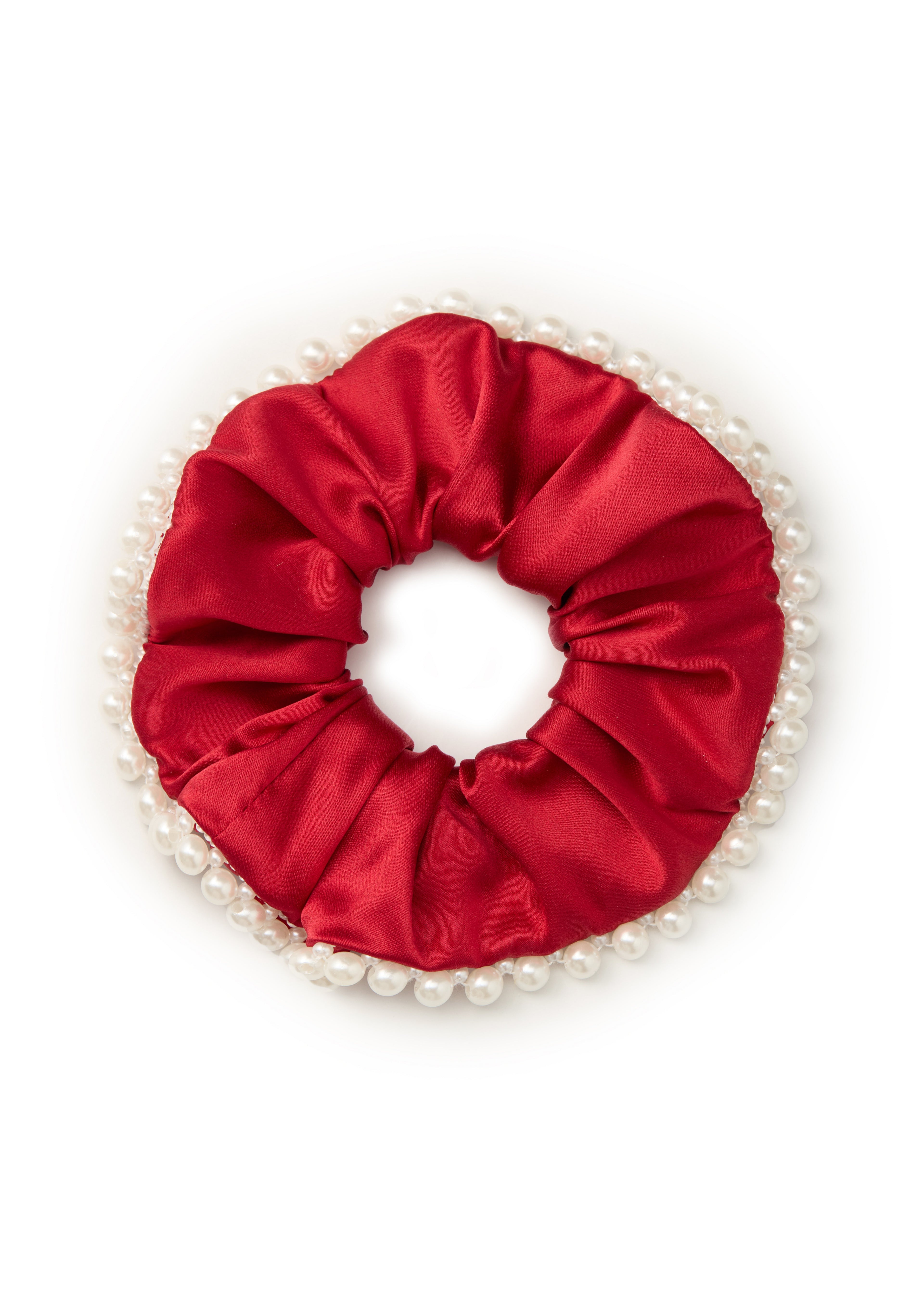 Pearl Embellished Silk Scrunchie - Red