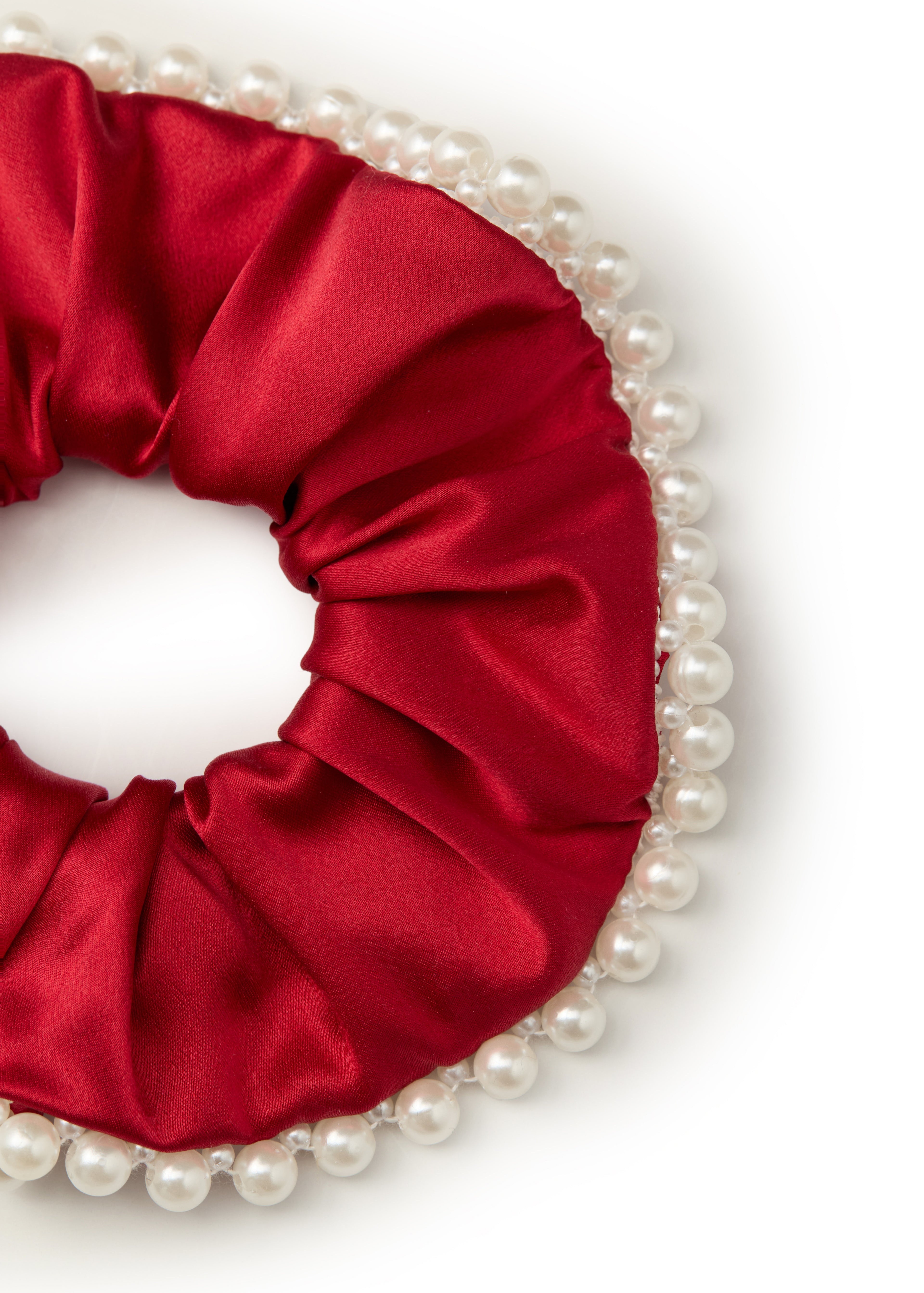 Pearl Embellished Silk Scrunchie - Red