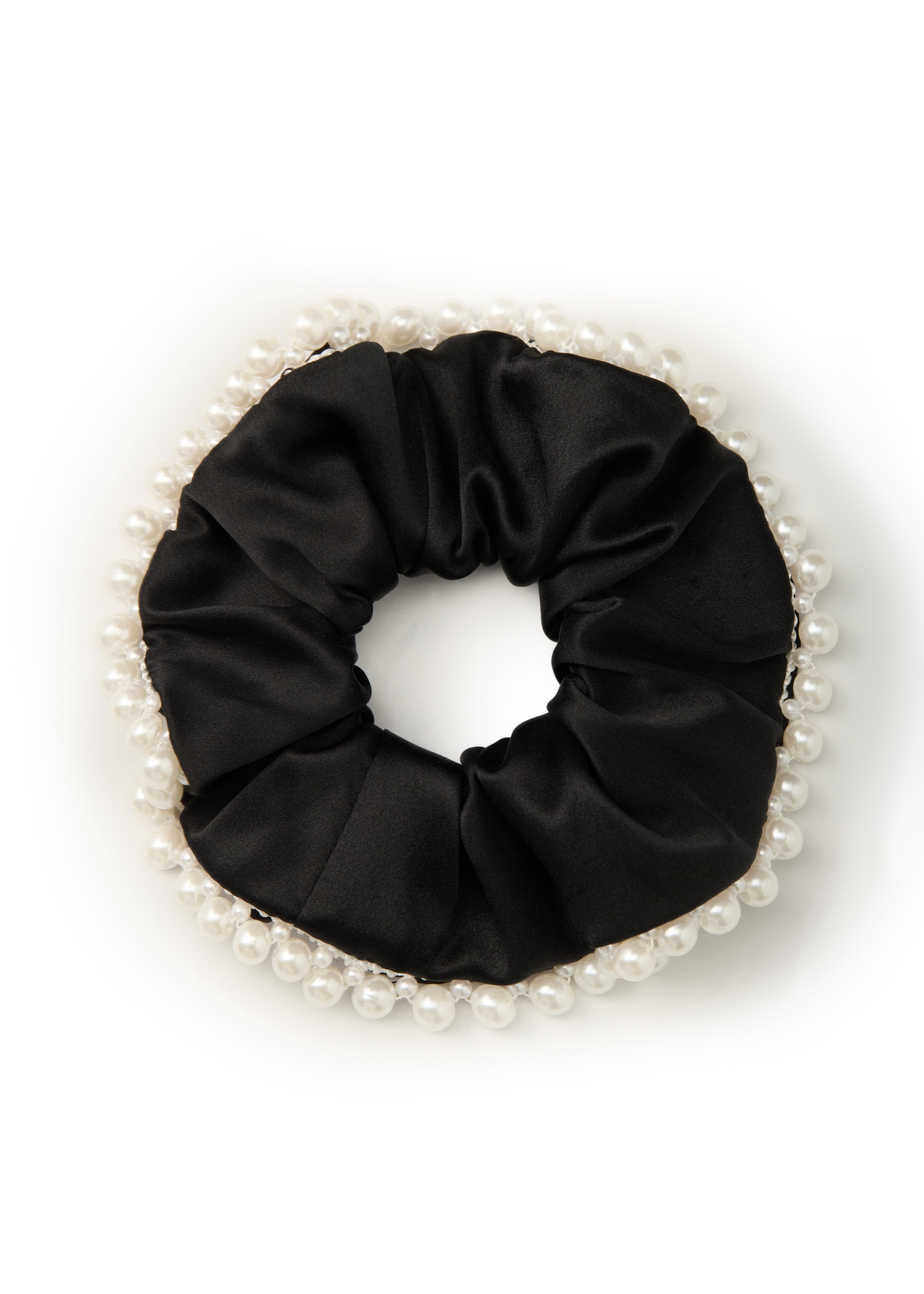 Pearl Embellished Silk Scrunchie - Black