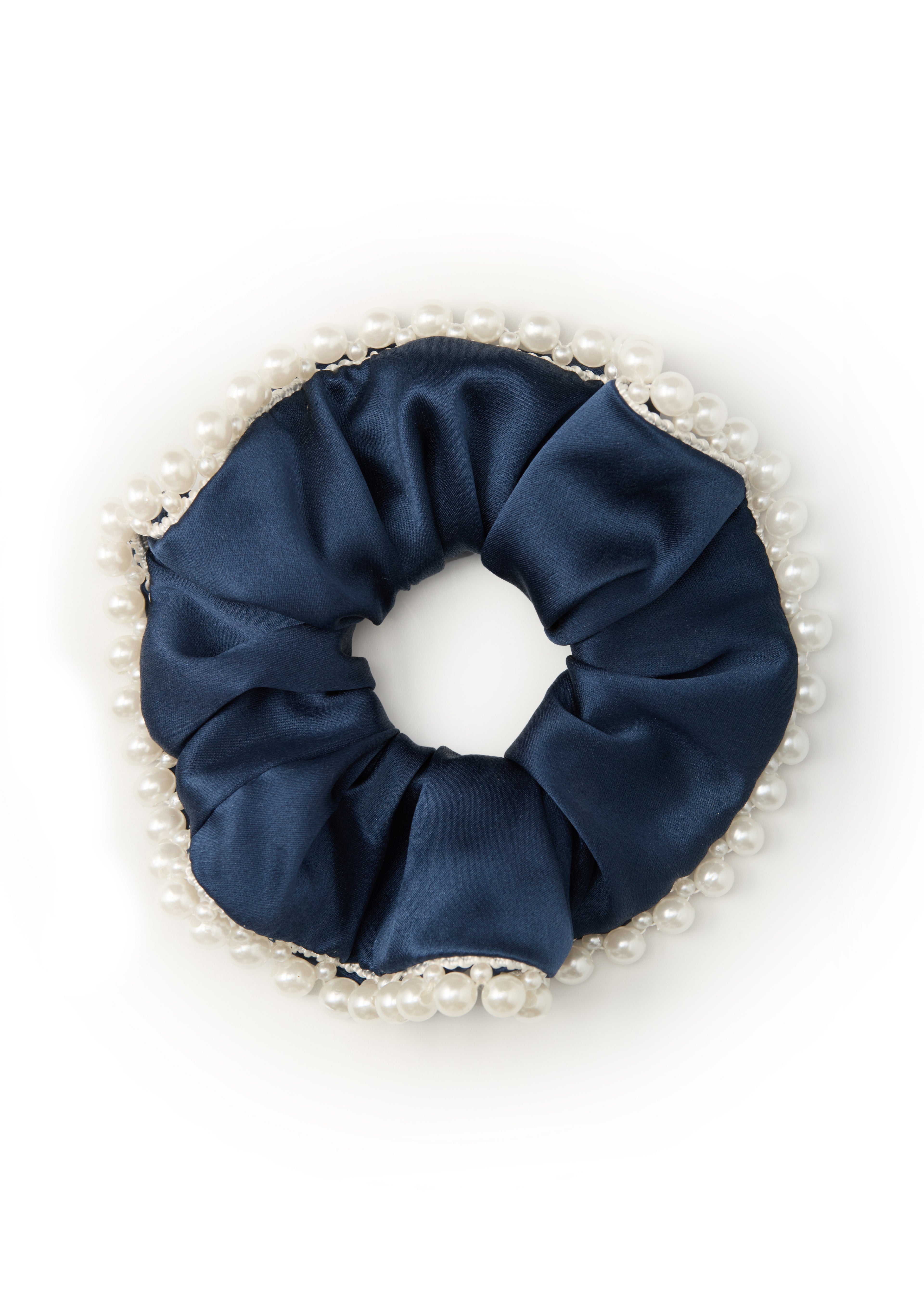 Pearl Embellished Silk Scrunchie - Navy