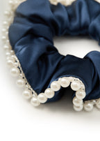 Pearl Embellished Silk Scrunchie - Navy - Blue - OLAH Ponytail Holders