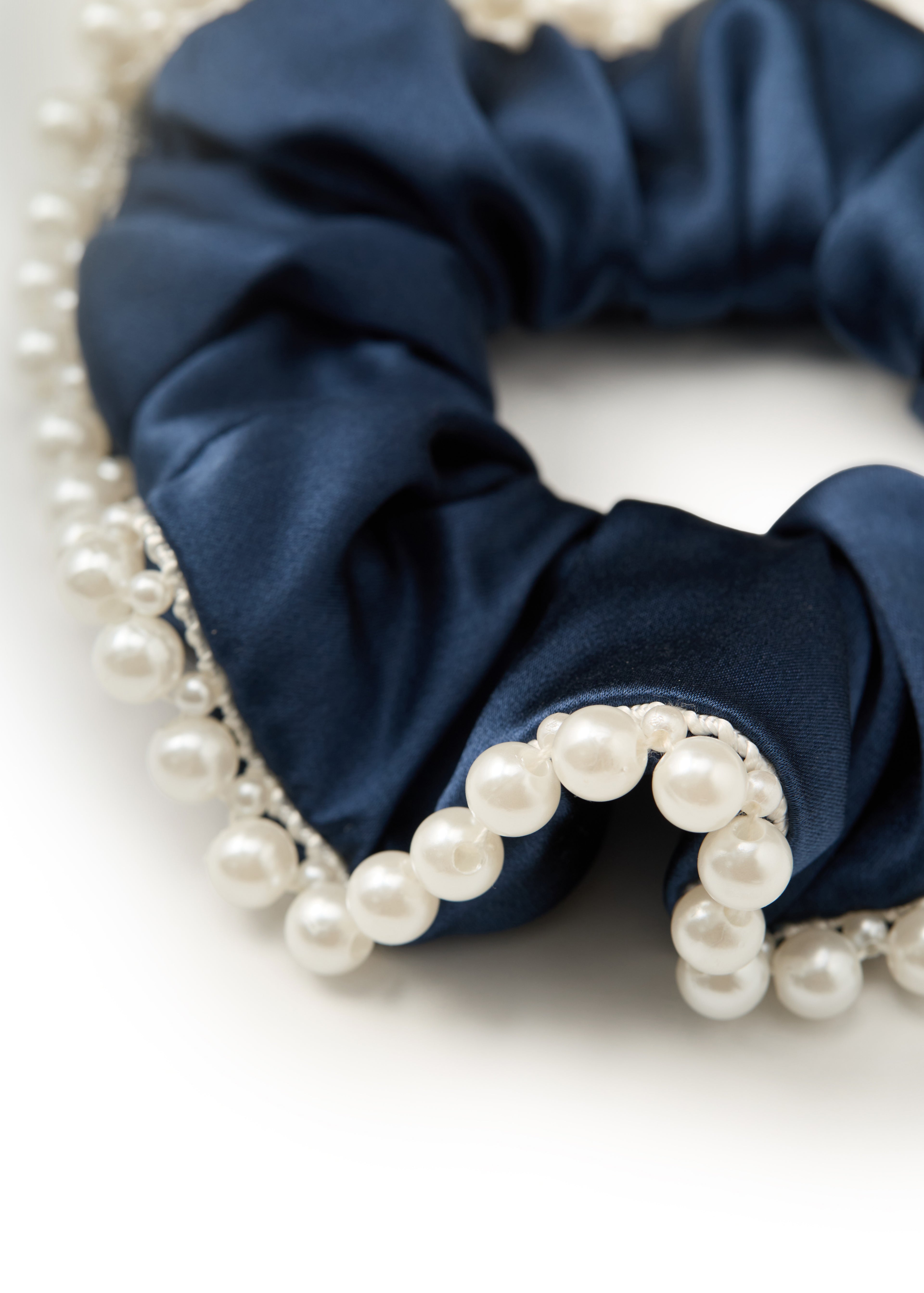 Pearl Embellished Silk Scrunchie - Navy