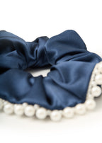 Pearl Embellished Silk Scrunchie - Navy - Blue - OLAH Ponytail Holders