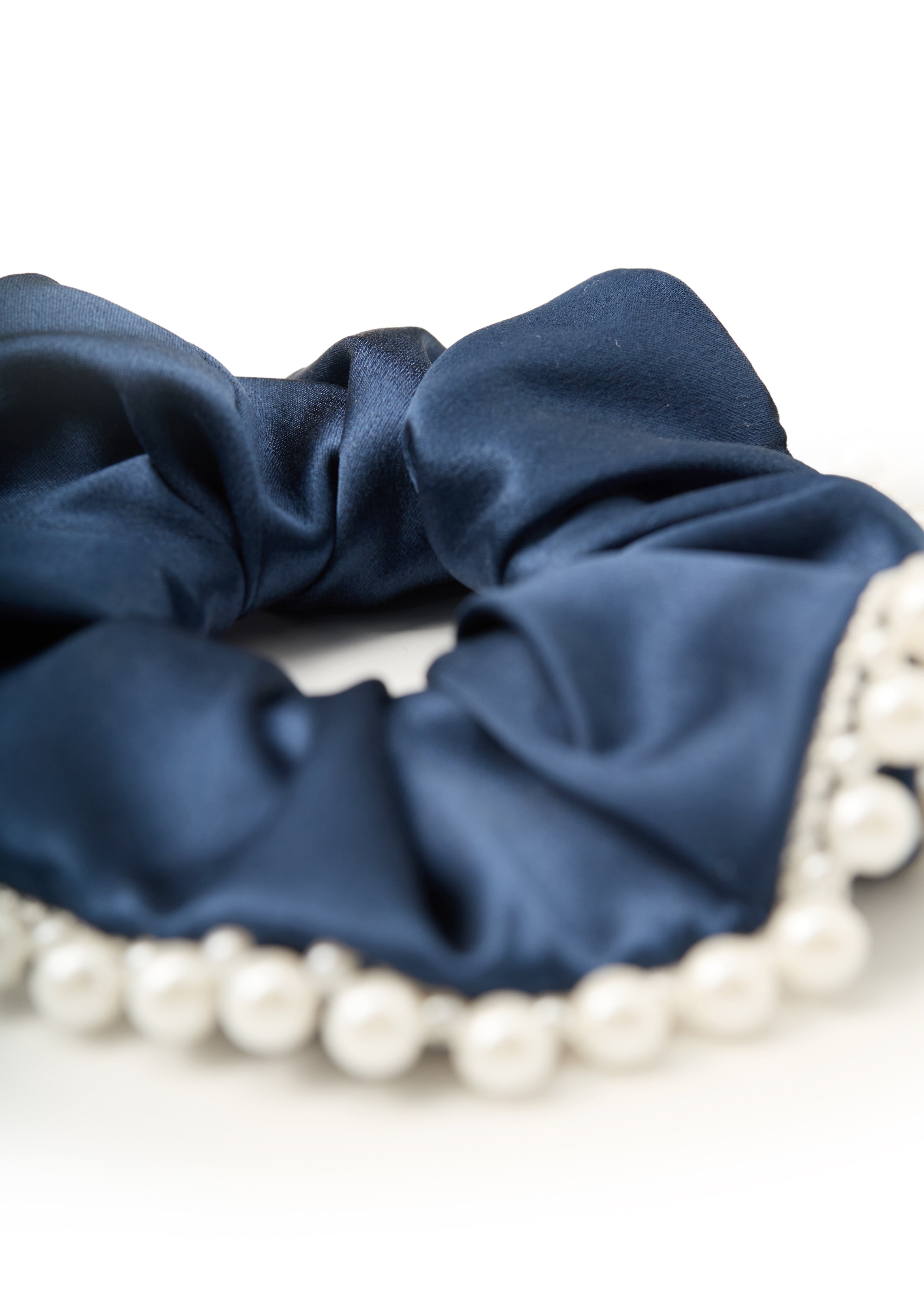 Pearl Embellished Silk Scrunchie - Navy