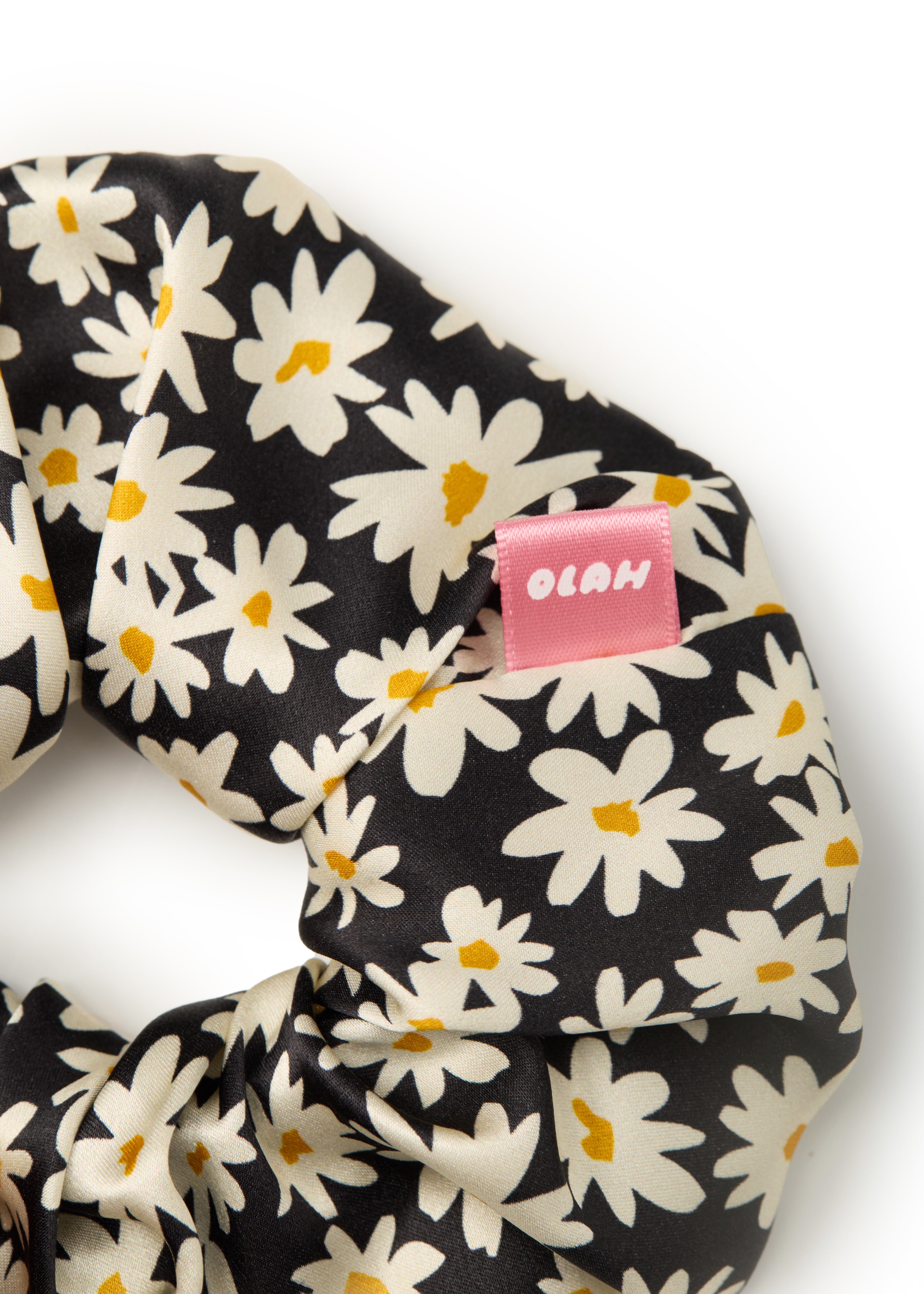 Daisy Silk Scrunchie - Black - Floral - OLAH Ponytail Holders