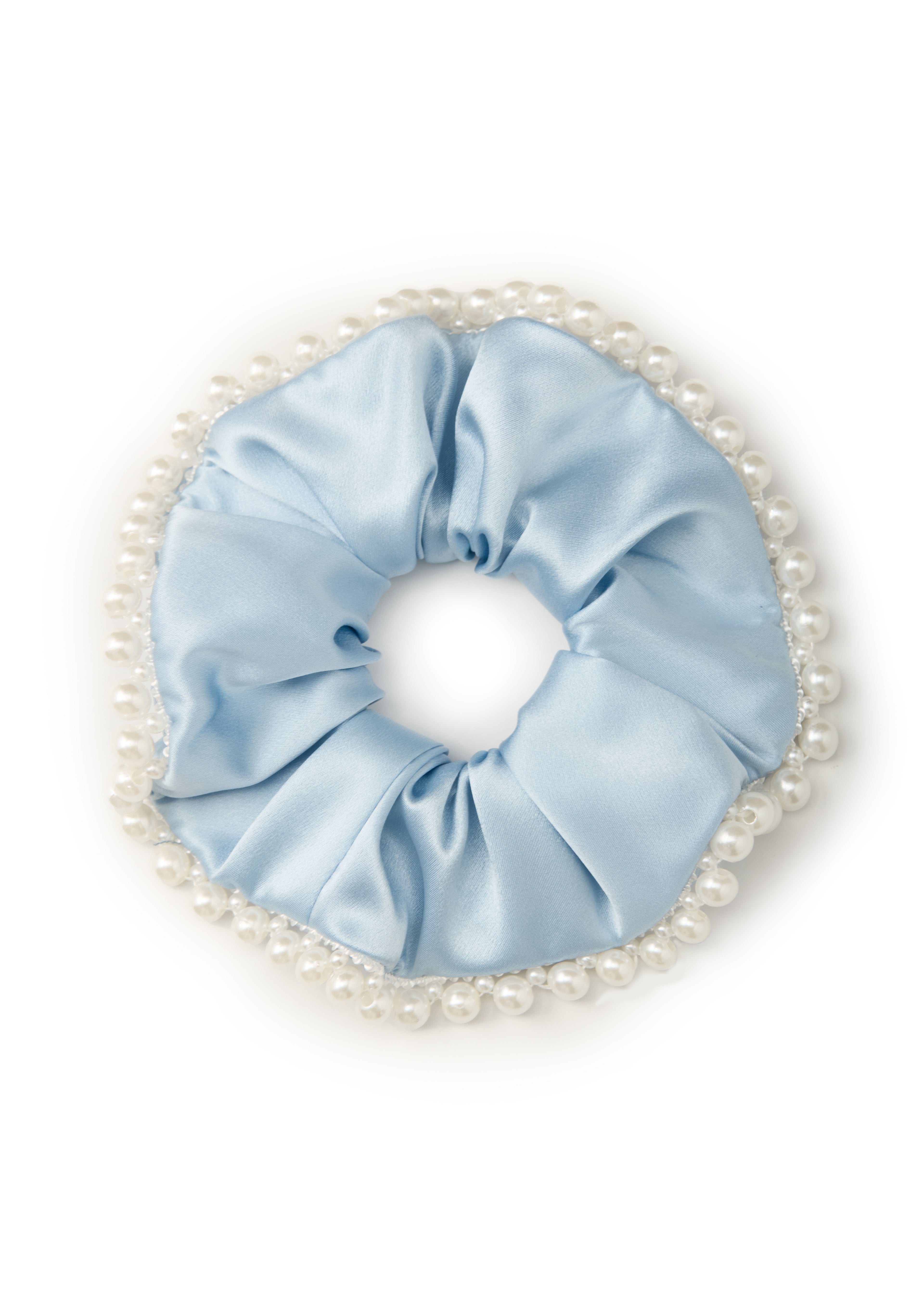 Pearl Embellished Silk Scrunchie - Blue