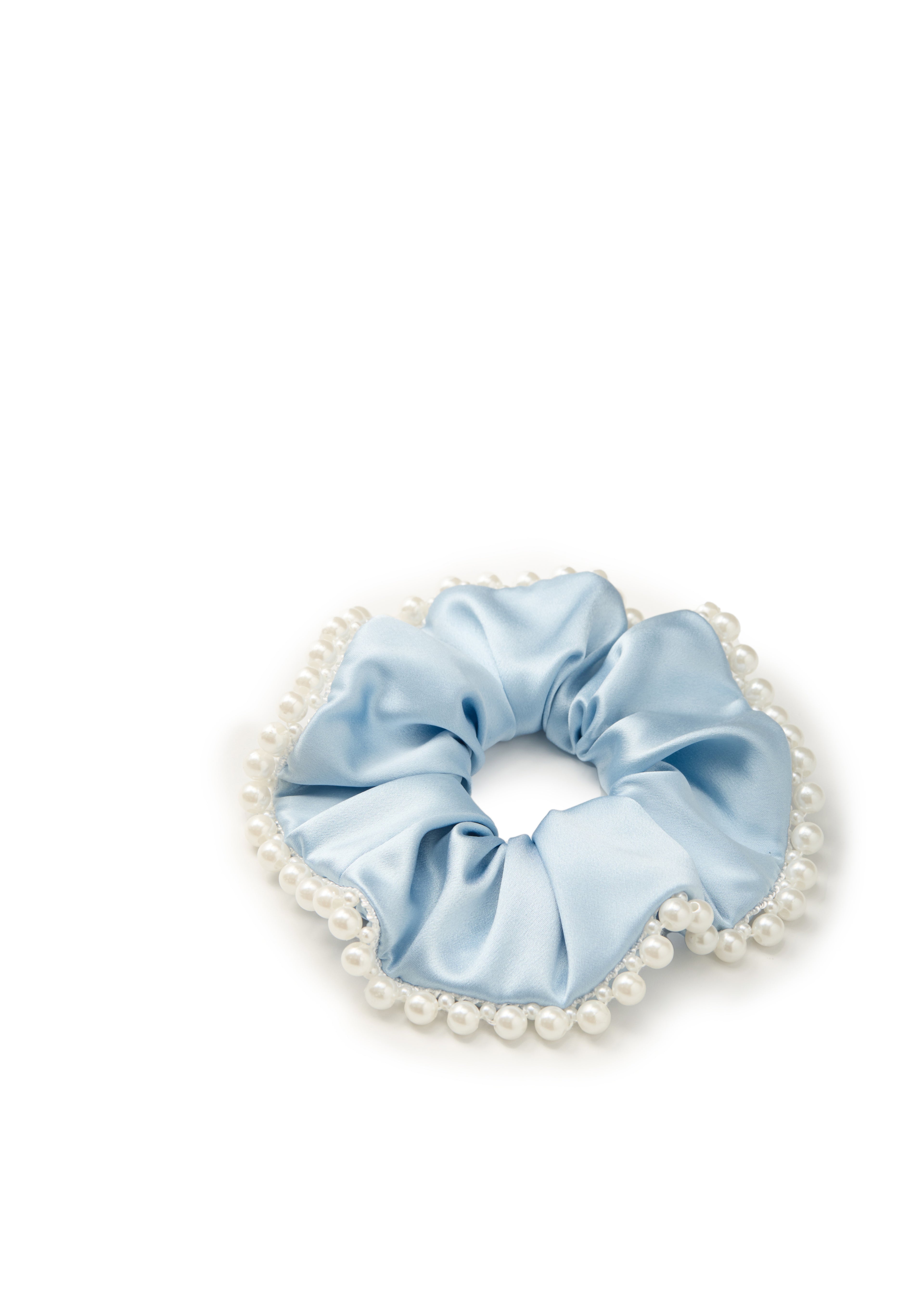 Pearl Embellished Silk Scrunchie - Blue