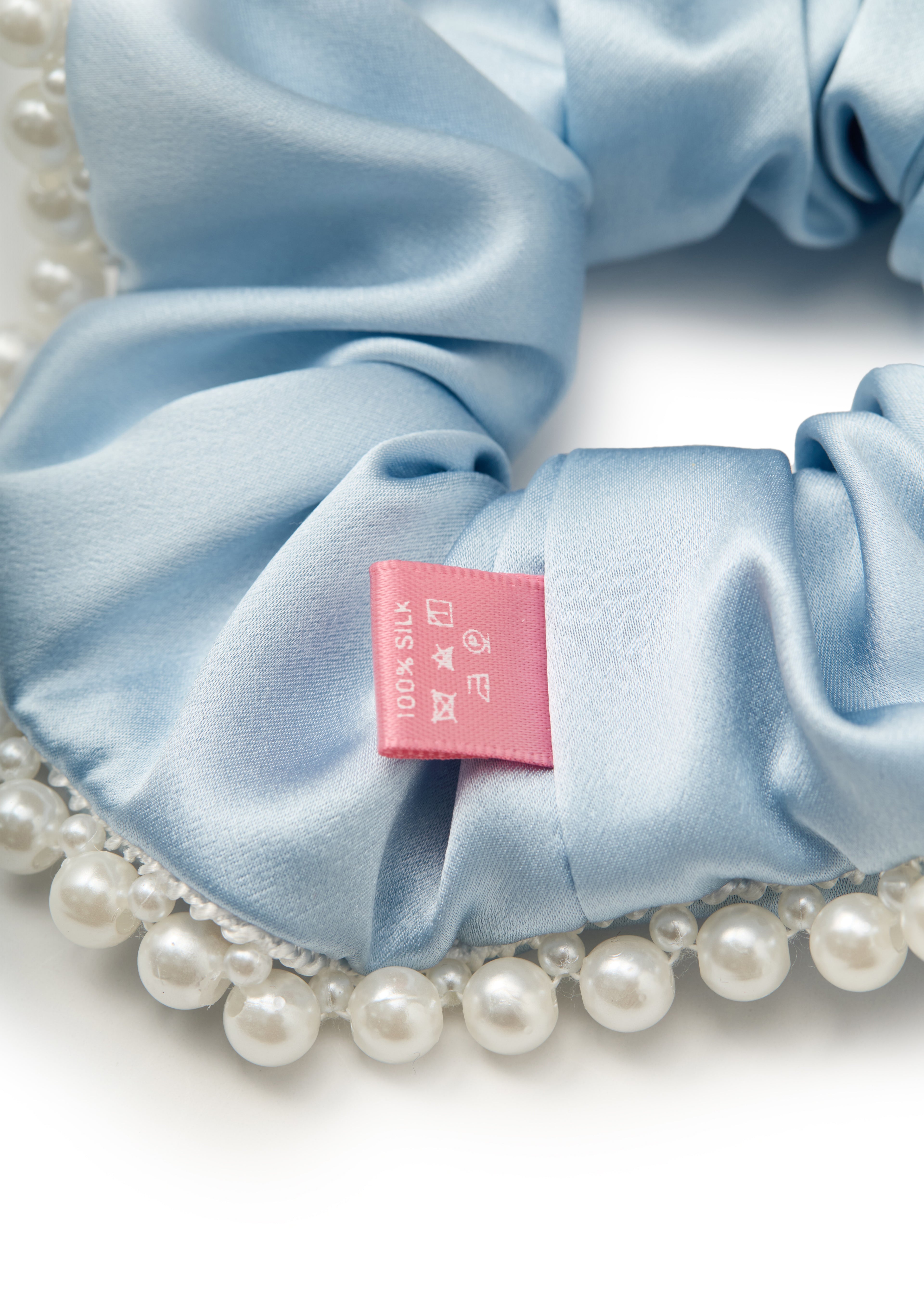 Pearl Embellished Silk Scrunchie - Blue - Blue - OLAH Ponytail Holders