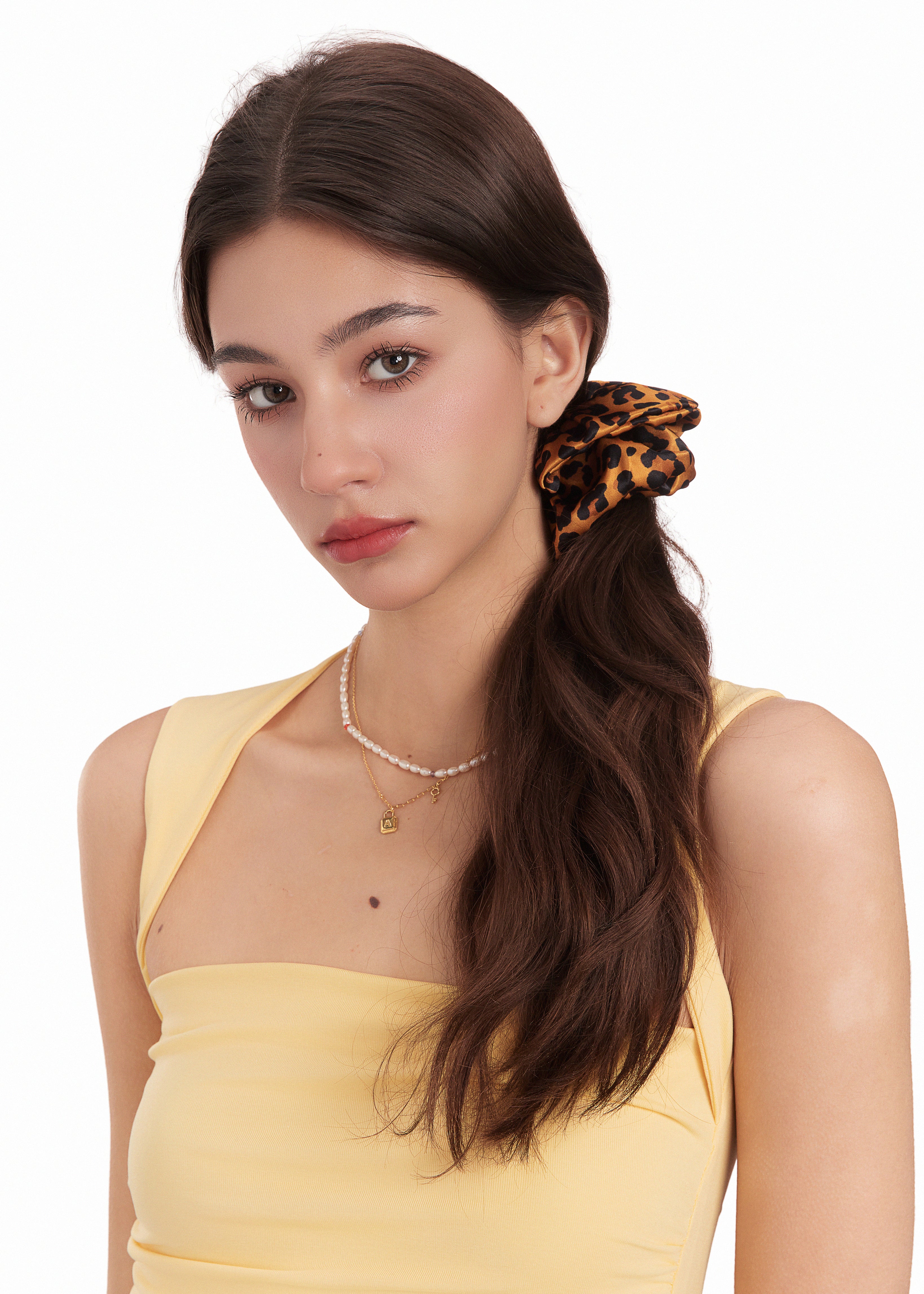 Leopard Silk Scunchie - Brown