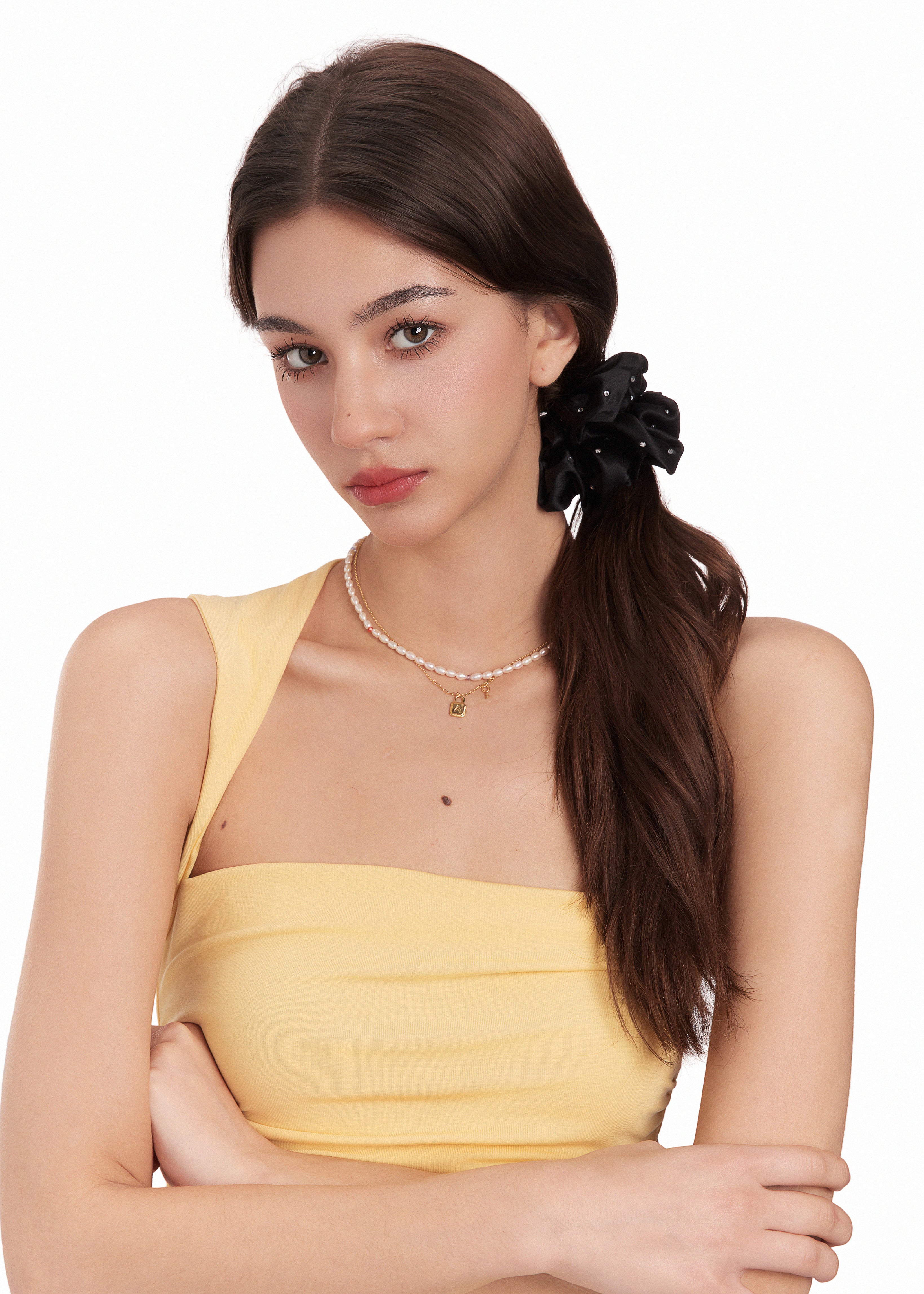 Crystal Twinkle Silk Scrunchie - Black