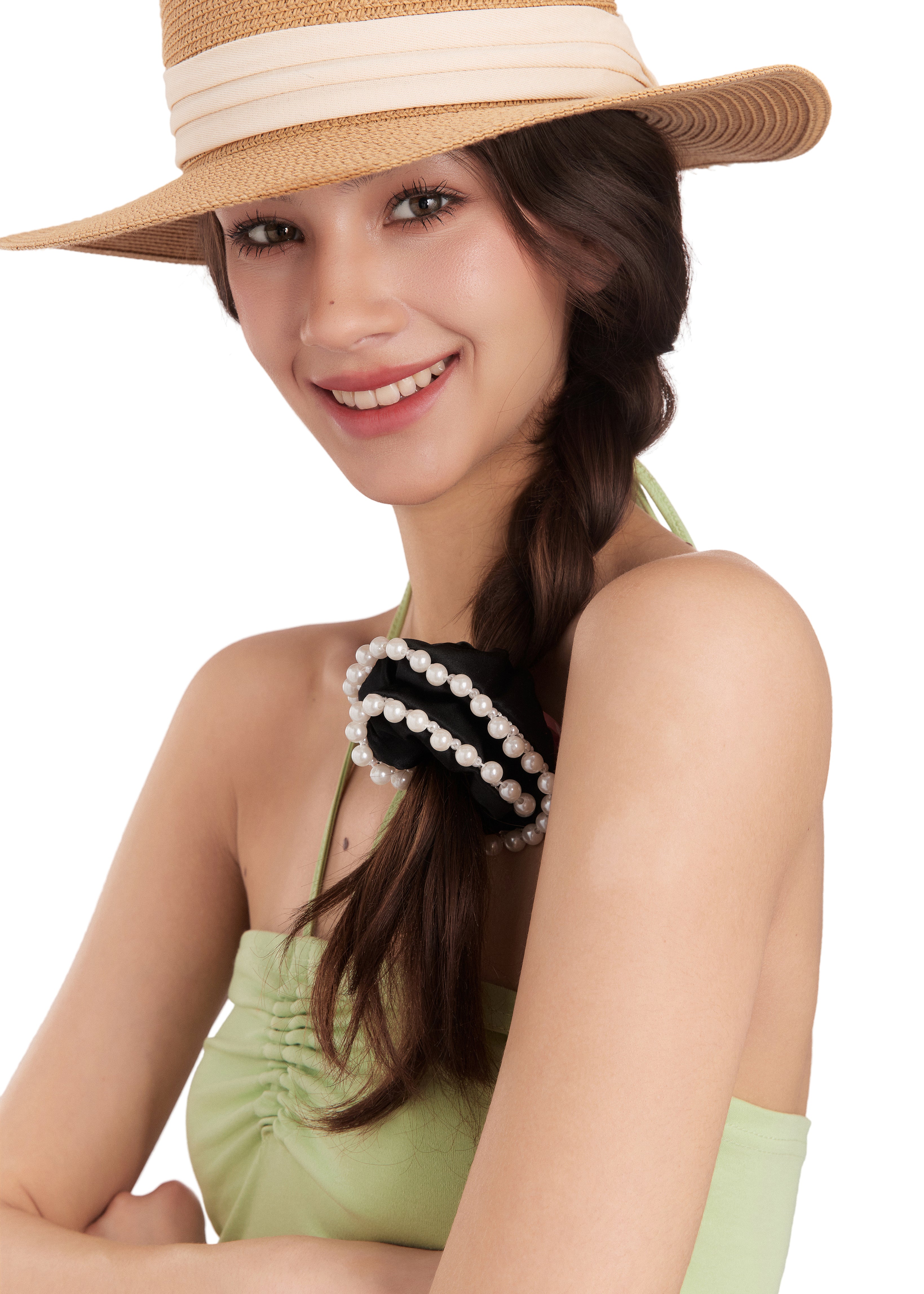 Pearl Embellished Silk Scrunchie - Black