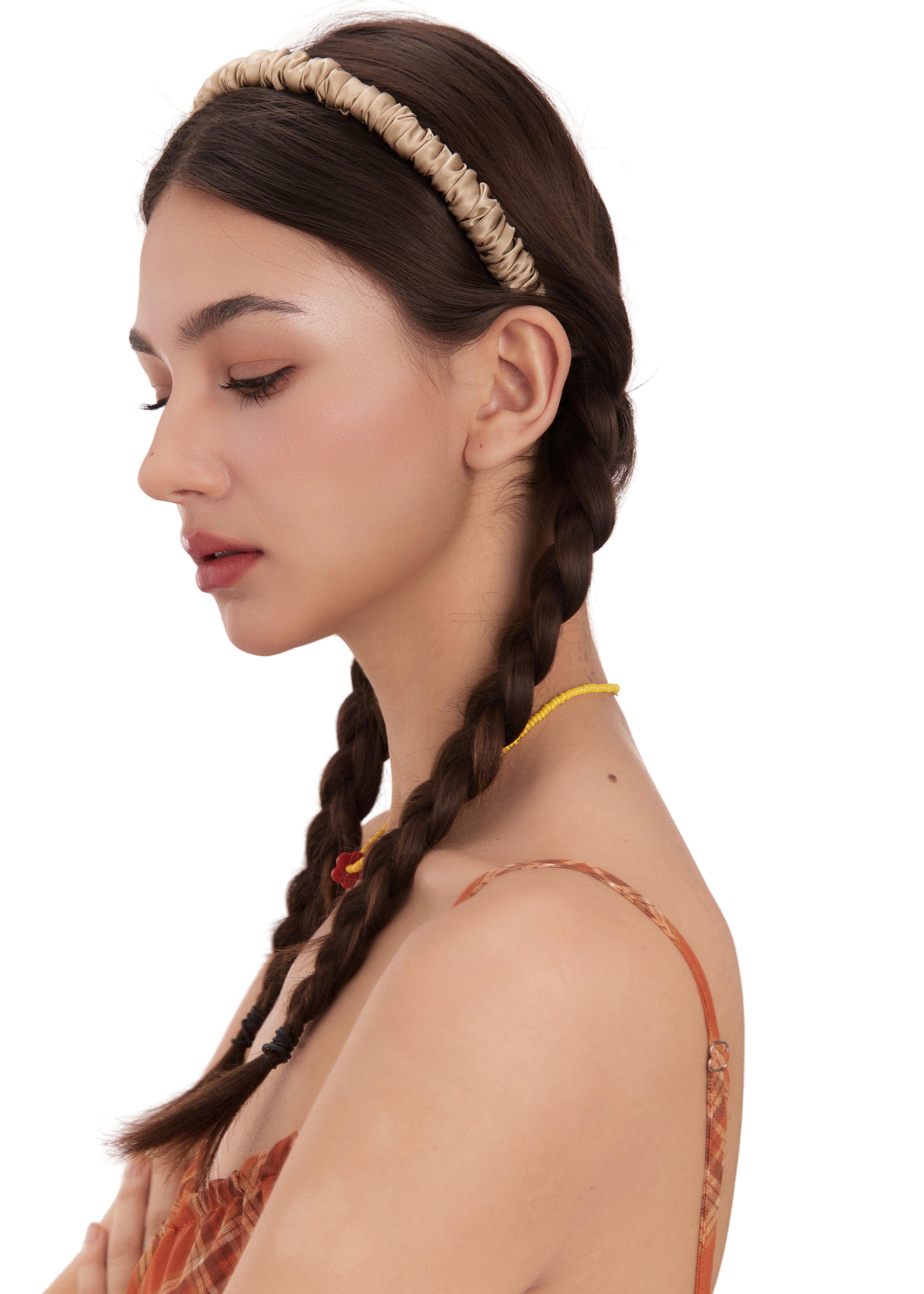 Scrunched Silk Skinny Headband - Apricot