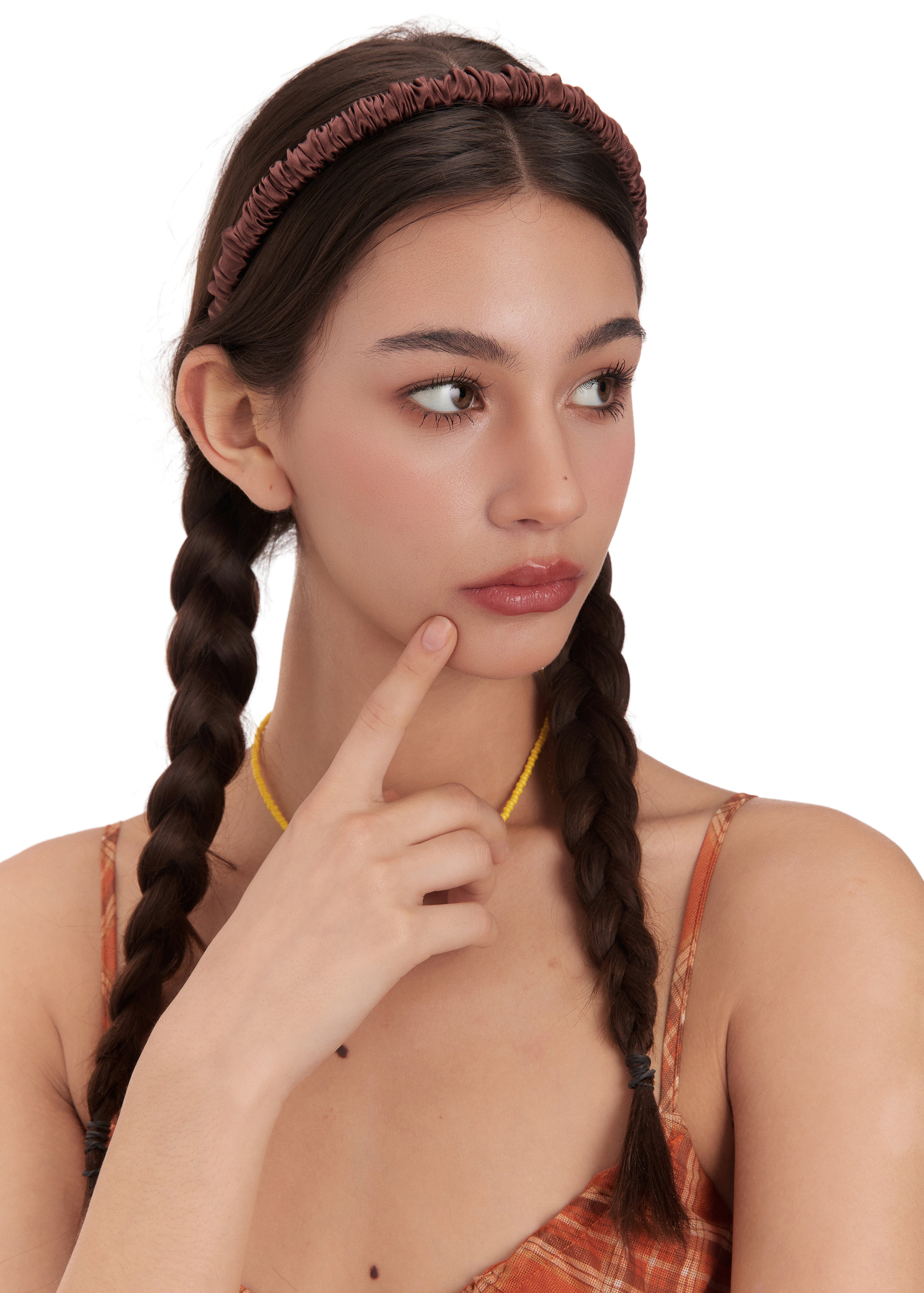 Scrunched Silk Skinny Headband - Coffee