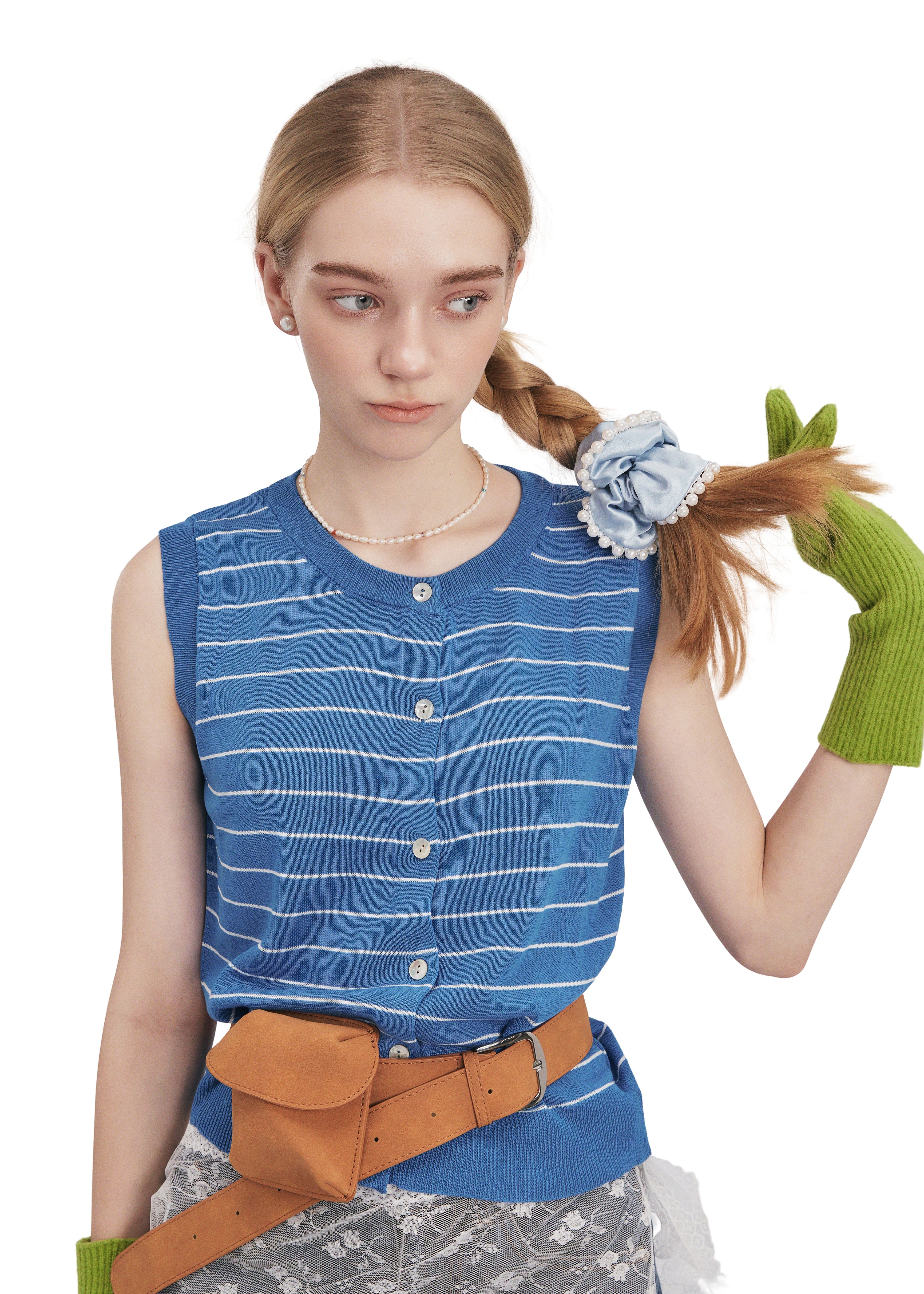 Pearl Embellished Silk Scrunchie - Blue