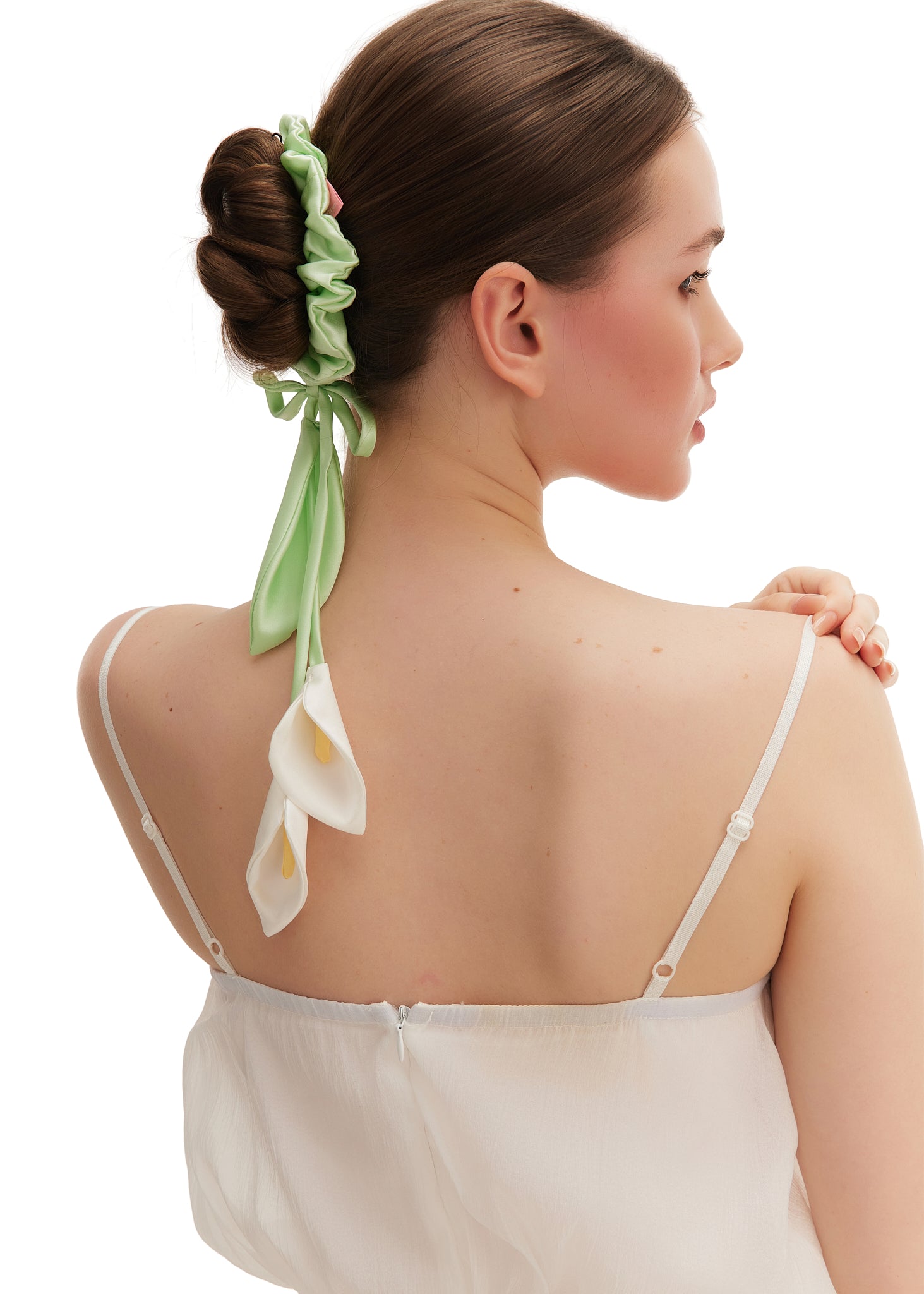 Calla Lily Silk Hair Tie Scrunchie - White and Green