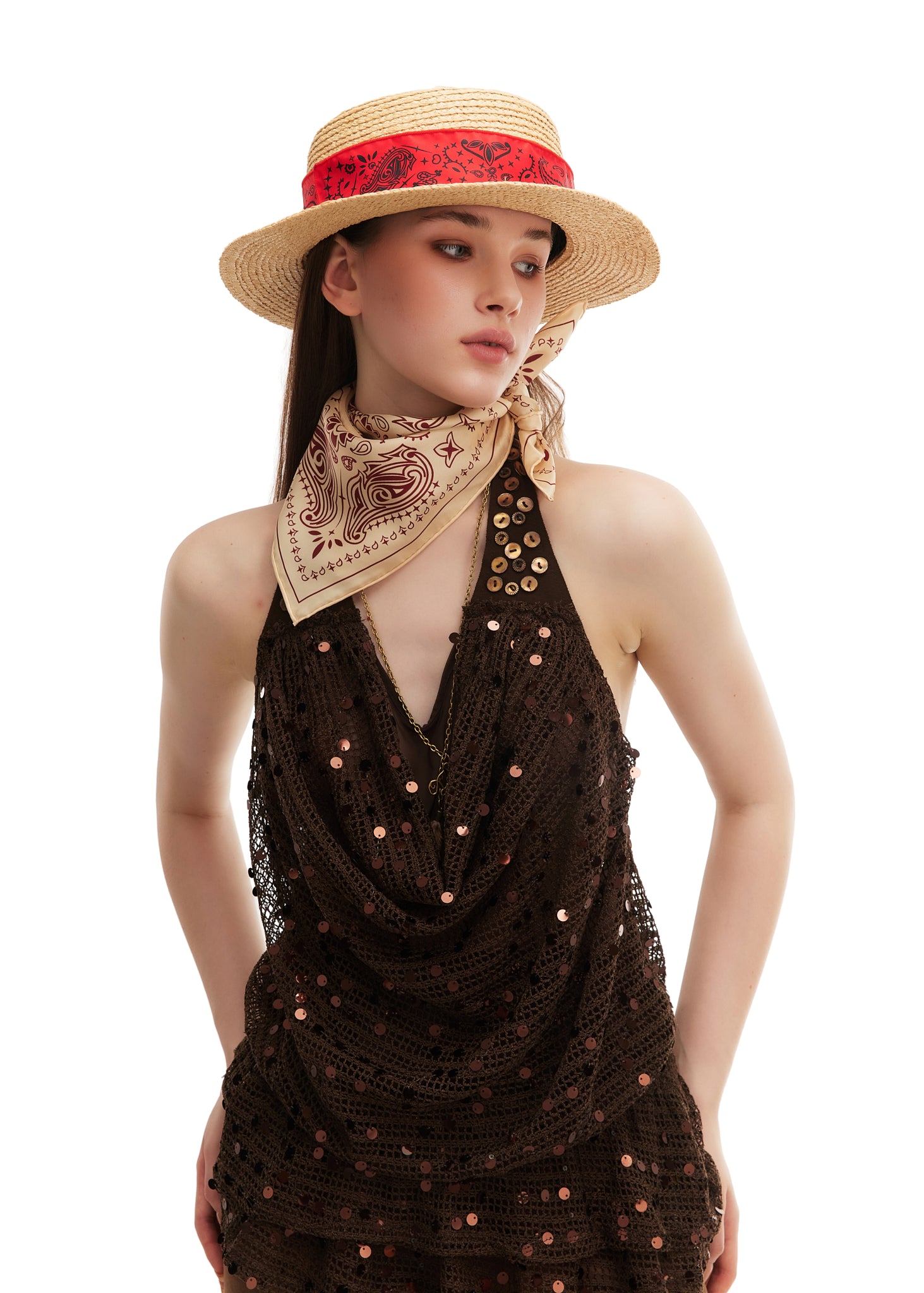 Raffia Straw Hat with Paisly Silk Band