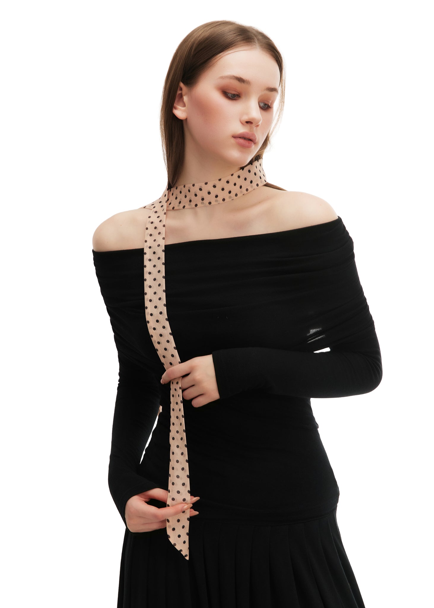 Le Petit Dot Silk Hair Ribbon Scarf - Champagne