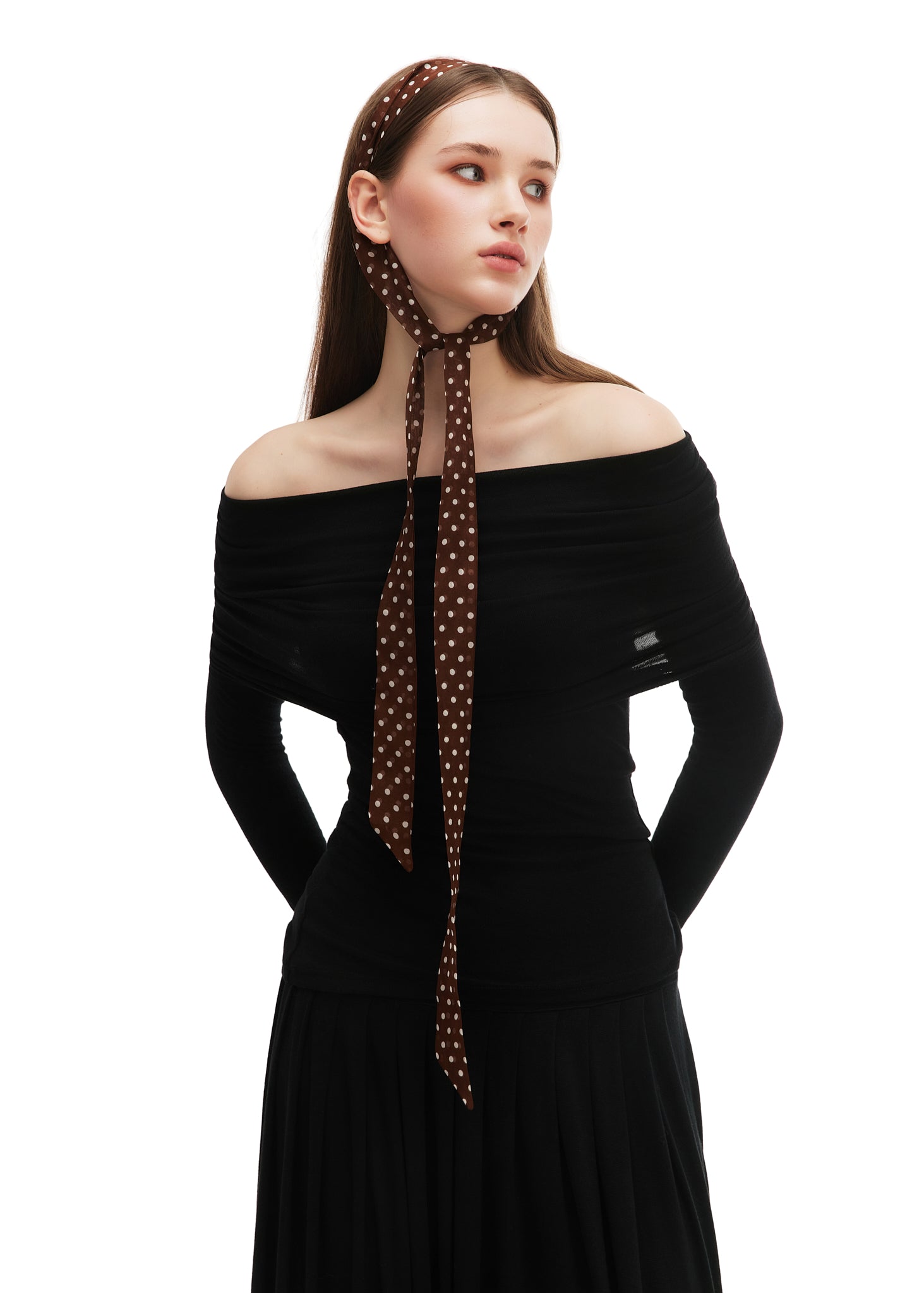 Le Petit Dot Silk Hair Ribbon Scarf - Truffle Brown