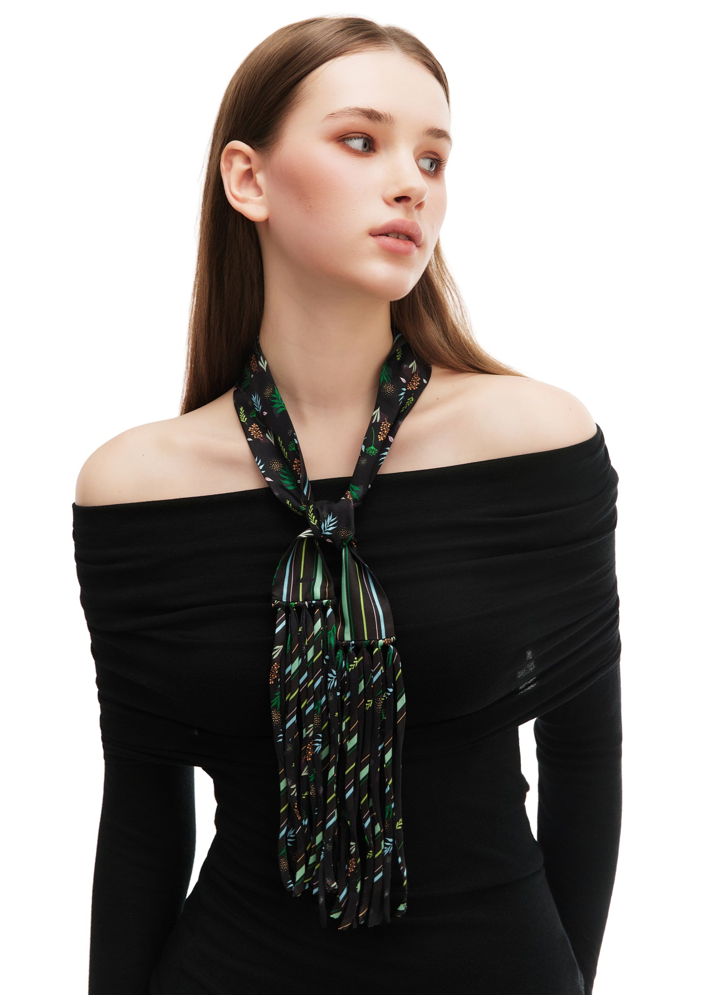 Frida With Love Silk Skinny Fringe Scarf - Midnight Jardin