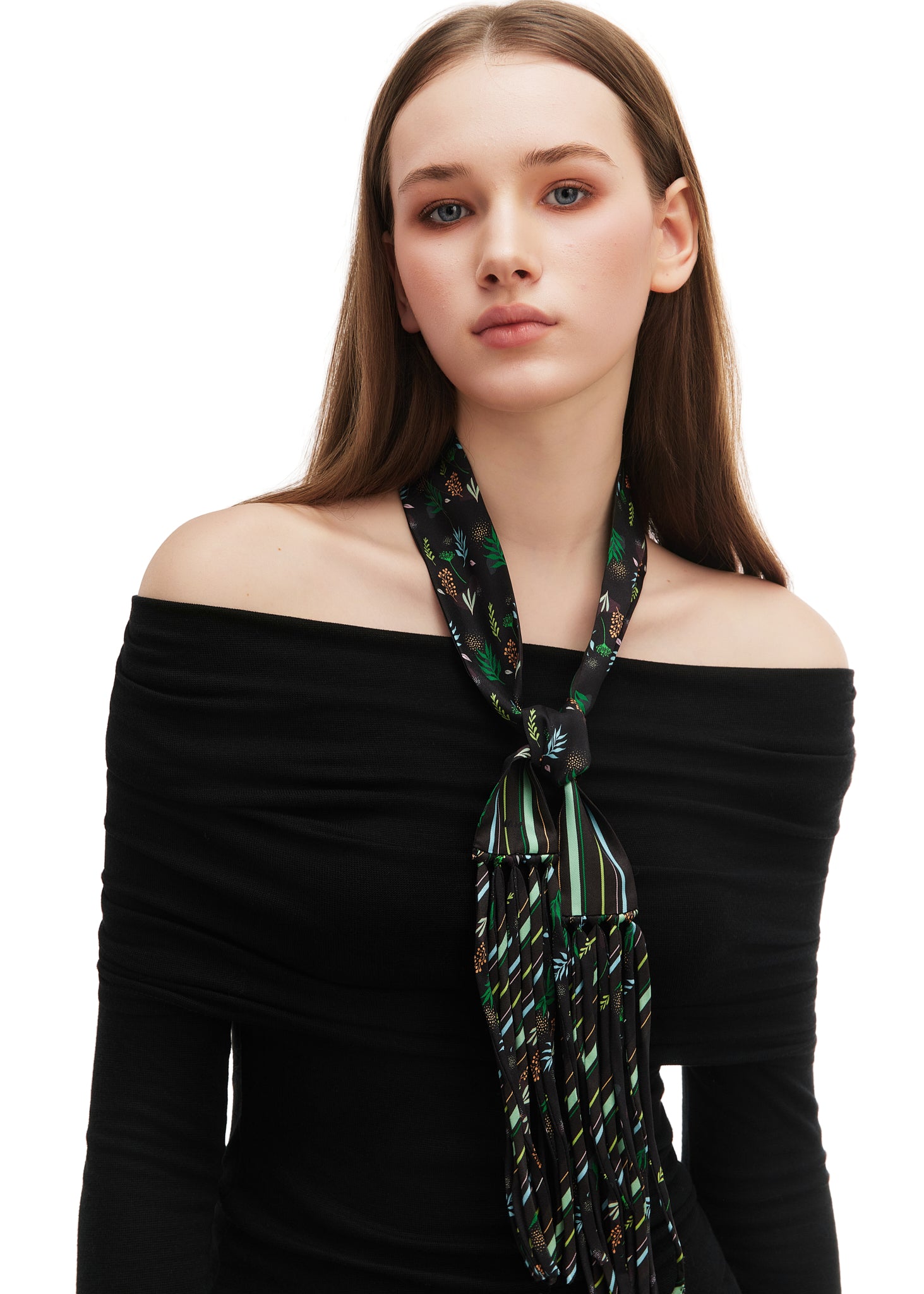 Frida With Love Silk Skinny Fringe Scarf - Midnight Jardin