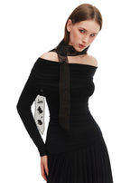 Whispers of Frida Silk Organza Embroidered Skinny Scarf - Black