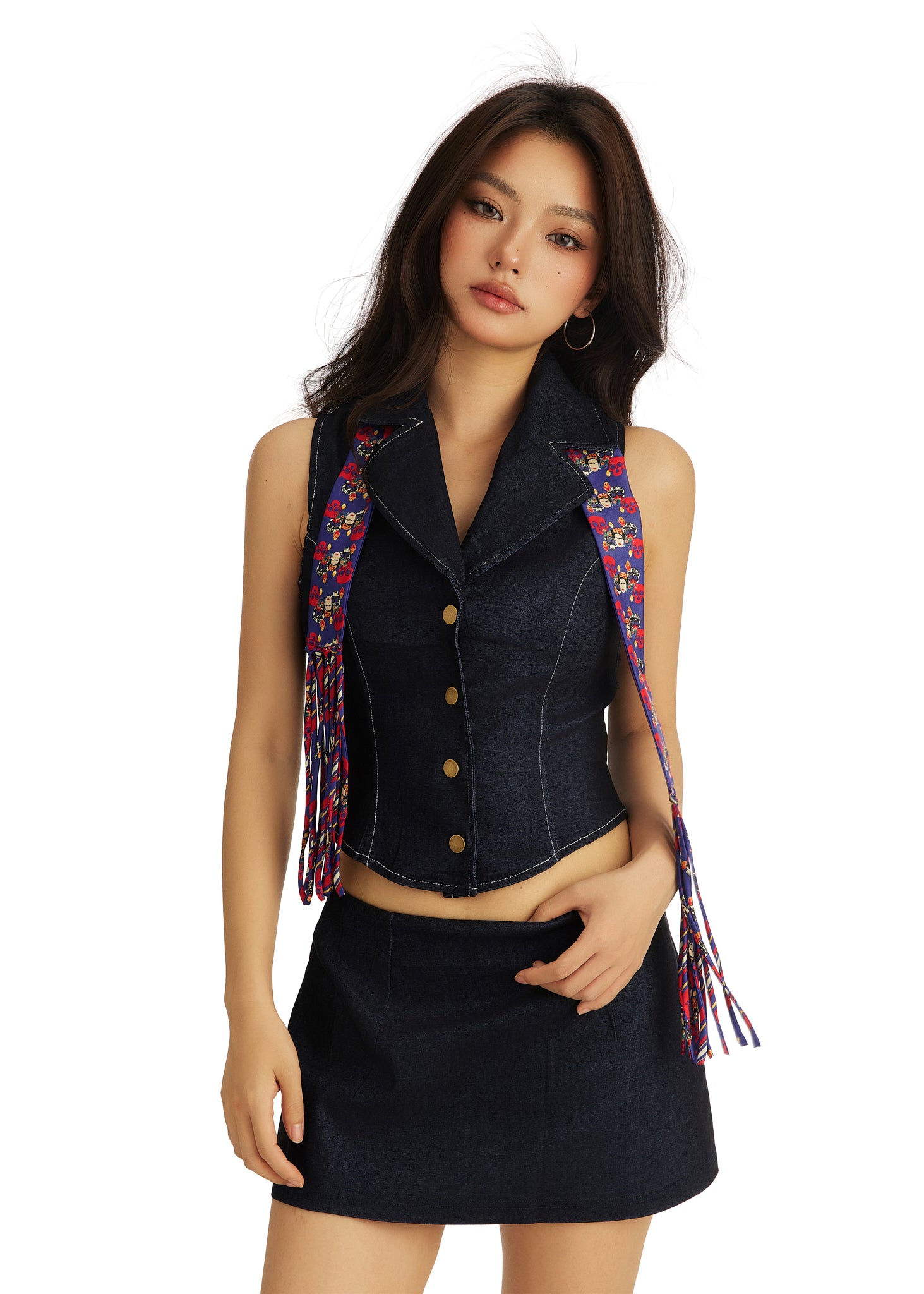 Frida With Love Silk Skinny Fringe Scarf - Cobalt Corazón
