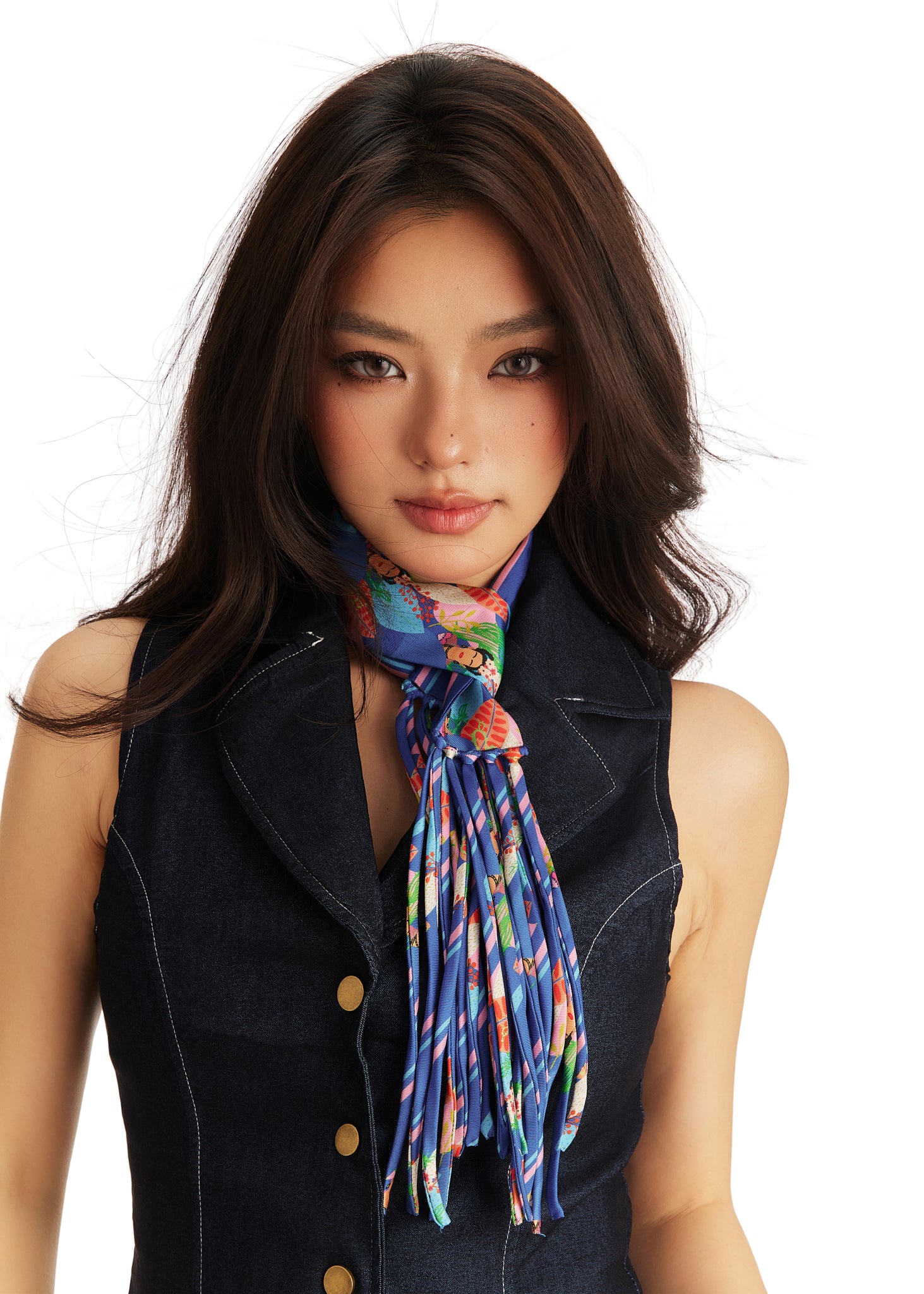 Frida With Love Silk Skinny Fringe Scarf - Azul Muse