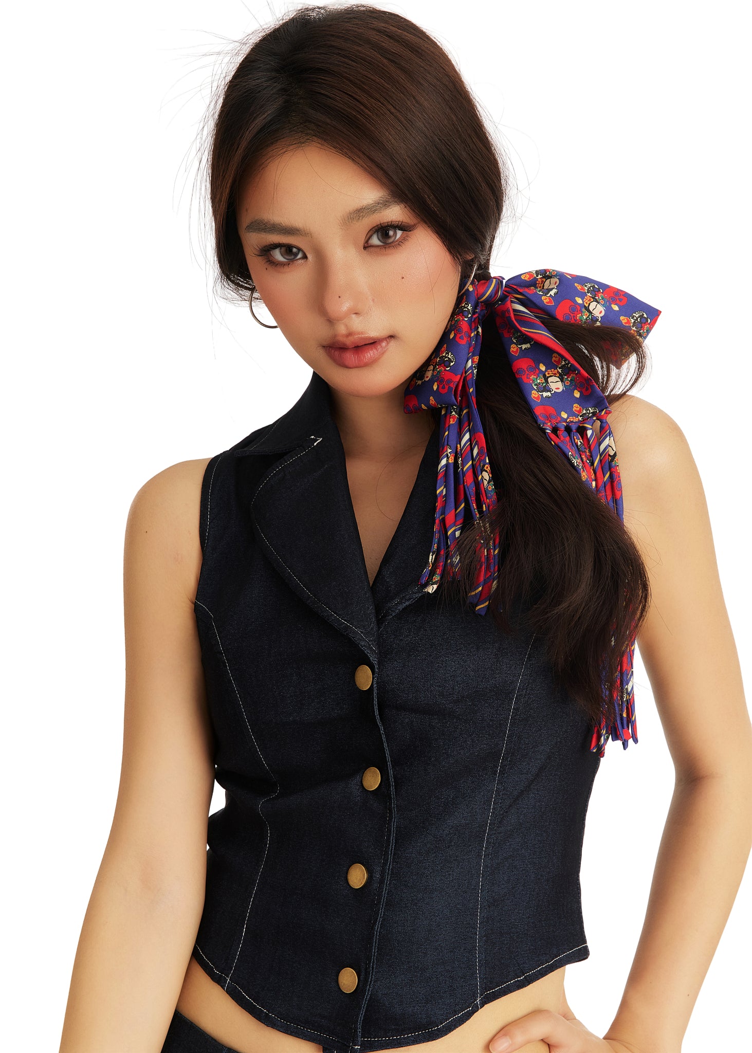Frida With Love Silk Skinny Fringe Scarf - Cobalt Corazón