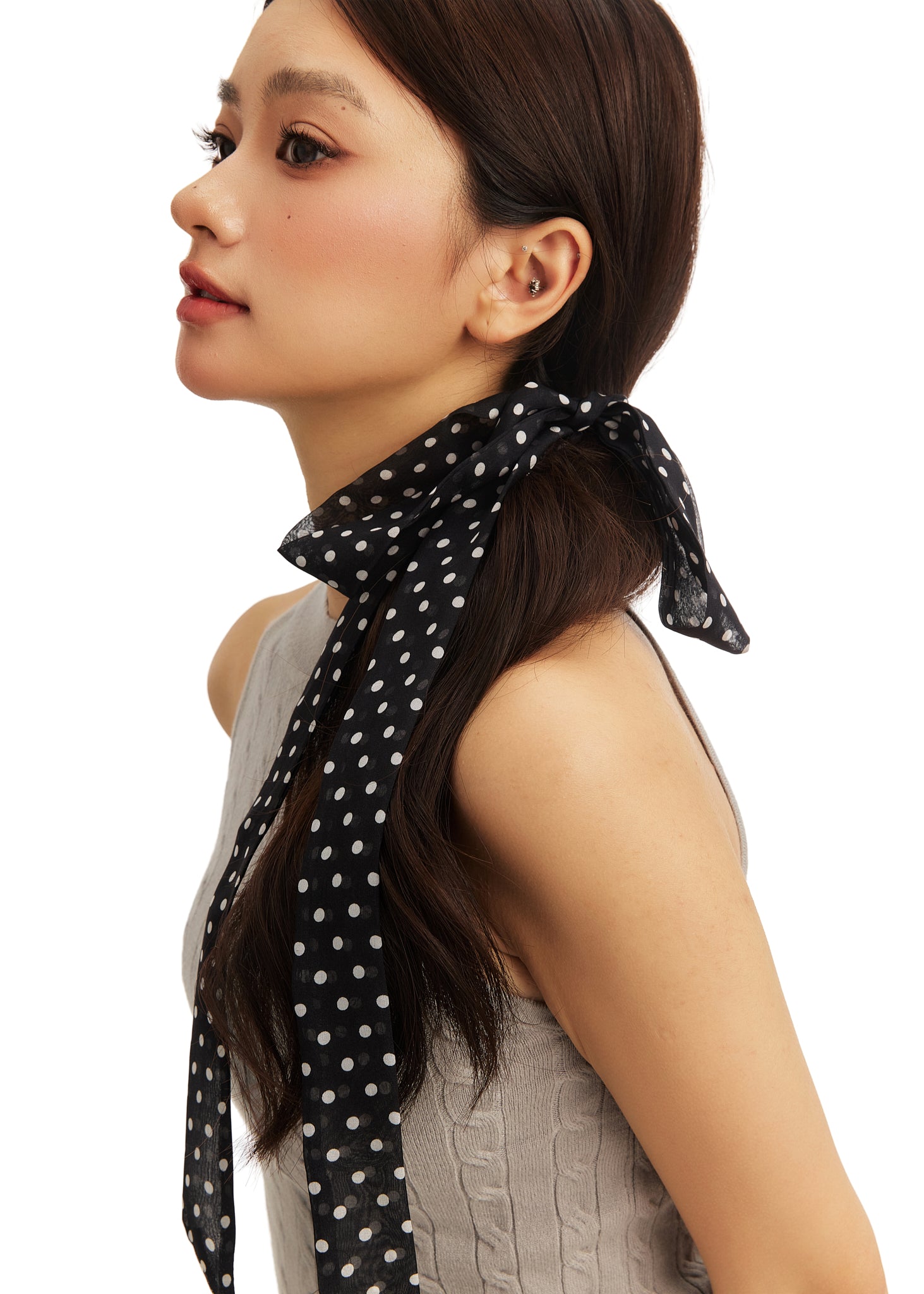 Le Petit Dot Silk Hair Ribbon Scarf - Midnight Caviar
