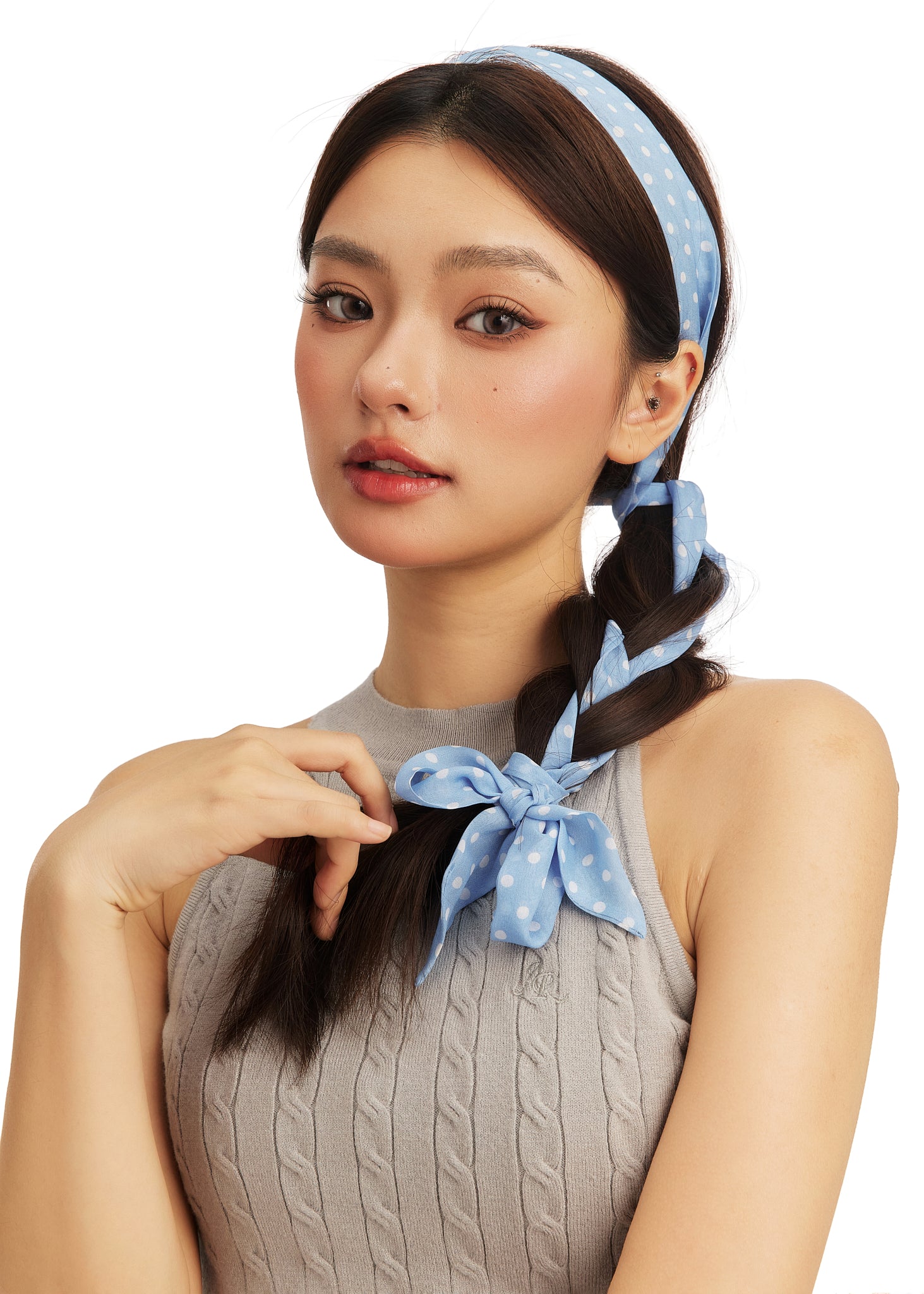Le Petit Dot Silk Hair Ribbon Scarf - Azur
