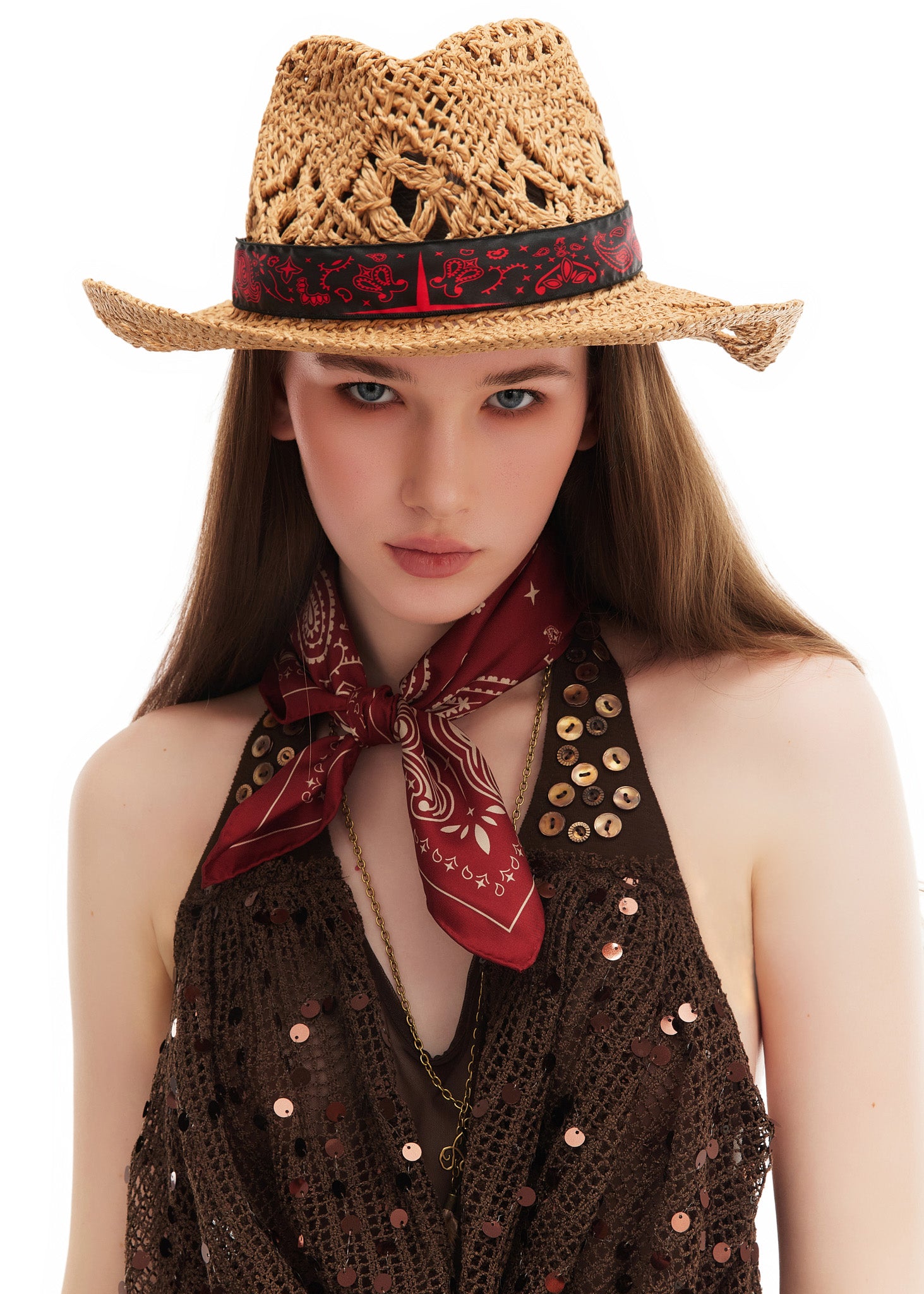 Cowboy Straw Hat with Paisley Silk Band